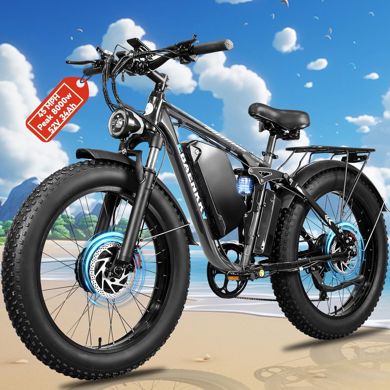 8000W Dual Motor Electric Bike for Adults 45MPH - Fast E-Bike with 52V 34Ah Battery Up to 105 Miles ,24"*4.0" Fat Tire E Bikes,Full Suspension Electric Bicycle for Snow Mountain Off-Road Commuter