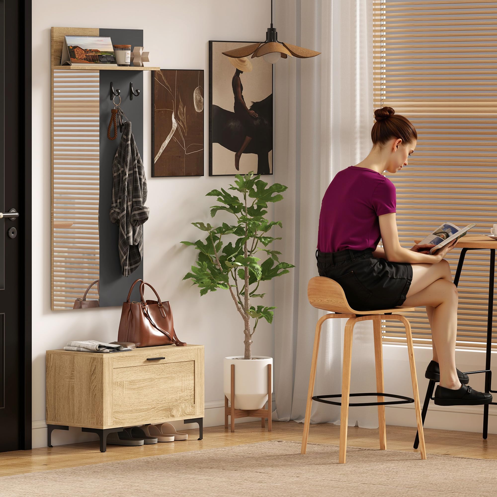HOMCOM Garderobe Set, Garderobe mit Spiegel, Haken, Schuhbank, Ablage, Garderobenständer, Garderobenset, Flurgarderobe mit Klappschublade, für den Flur, 60 x 13,5 x 127,5 cm, Naturholz