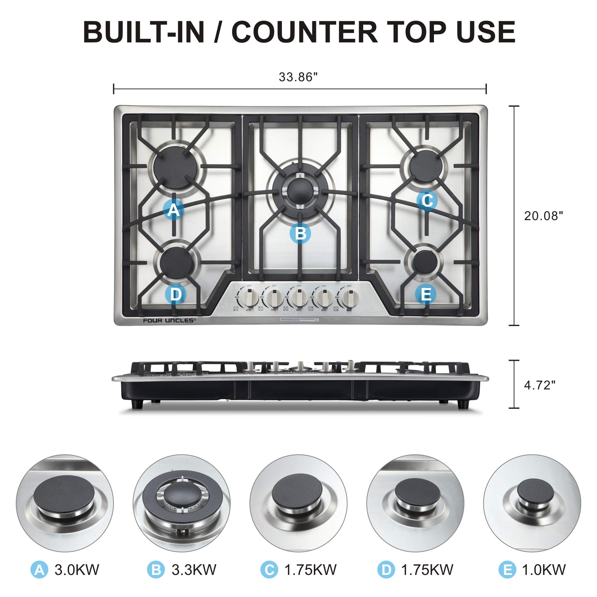 Buy 30 Inch Gas Cooktop, Sealed 5 Burners Gas Cooktop,Stainless Steel