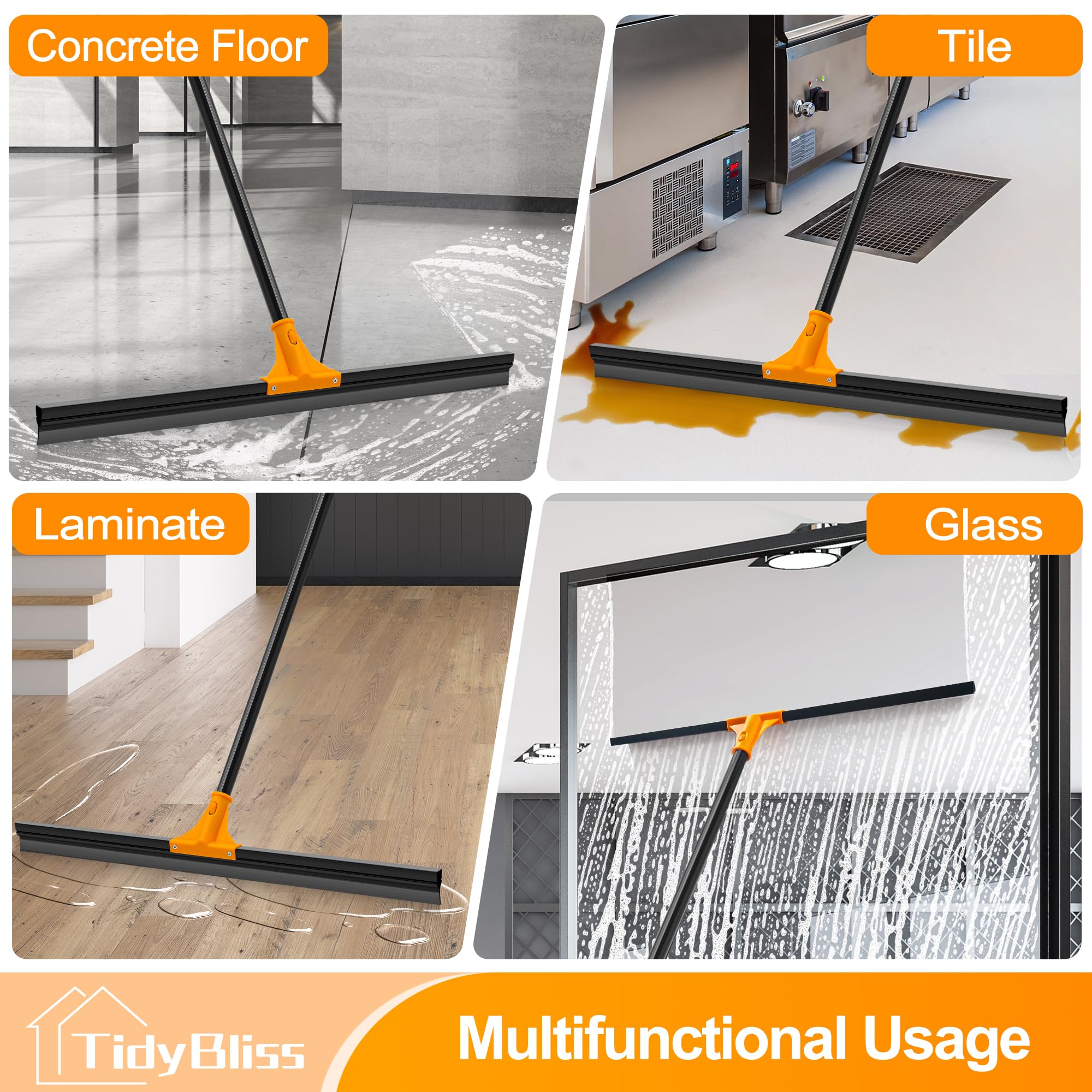 TidyBliss 76 cm Escoba de Goma para Suelo con Mango Adjustable 148 cm, Escobilla Caucho para Limpiar Ducha Azulejo Hormigón Baño Mármol Cristal Garaje Tienda Cubierta Ventana Patio Jardín (Naranja)