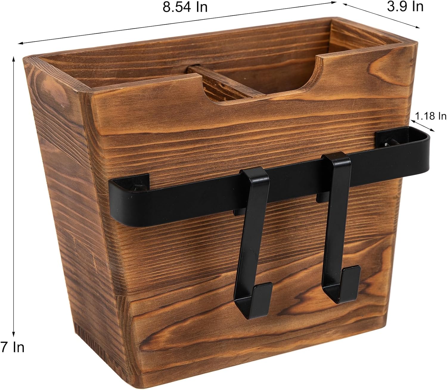 Vintage Brown Wood Wall Mounted Kitchen Tool Holder Cooking Utensils Metal Towel Bar Side Hanging Hooks Dual Compartments Freestanding Rustic Wooden Rack Dishcloth Spatula Serving Spoon Knife