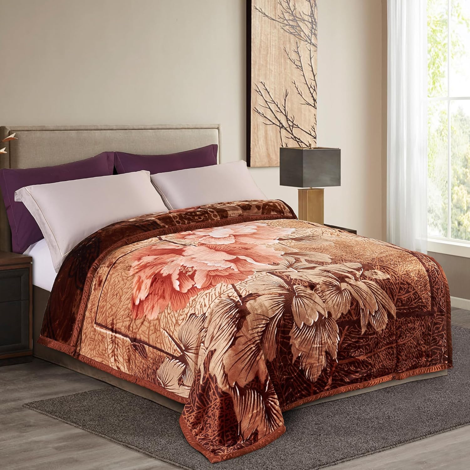 Pure Bedding Fleece King Size Blankets for Bed - Korean Mink Blanket - Soft Plush Cozy Fuzzy Luxury Microfiber, 5 LB, 2 Ply Reversible, 79x95 inches, Brown Peony Rose