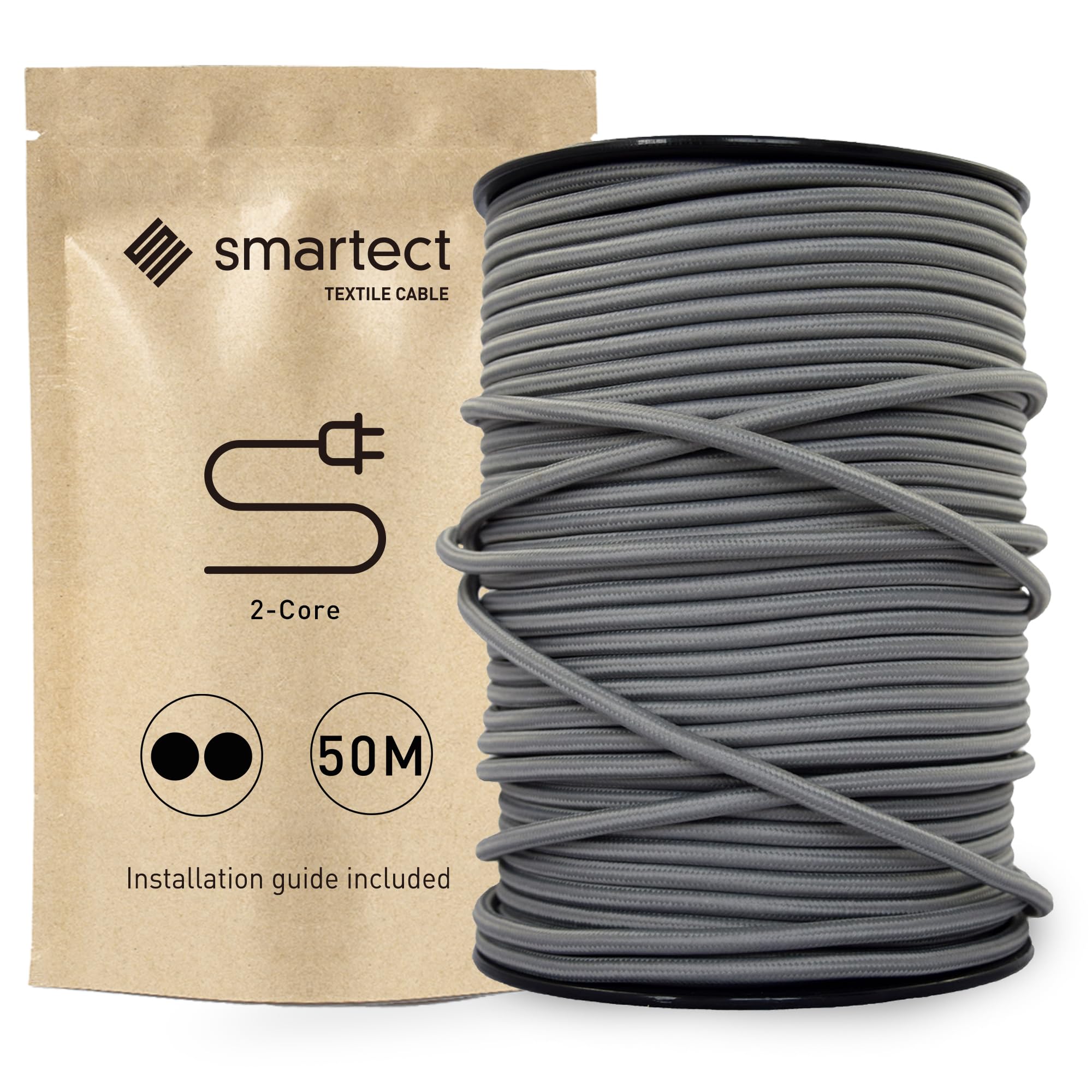 smartect Braided Cable, Dark Grey, 50 Metres 2 Core Electrical Cable (2 x 0.75mm²) Vintage Fabric Electrical Wire for your DIY project