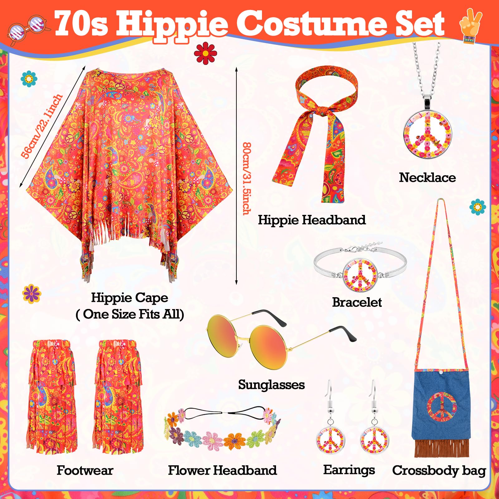 Hippie Kostüm Damen Set, Faschingskostüme Damen, 70er Jahre Outfit Damen mit Hippie Umhang, Bunter Umhängetasche, Sonnenbrille, 60er 70er Jahre Disko Kostüm Kleidung für Karneval Party