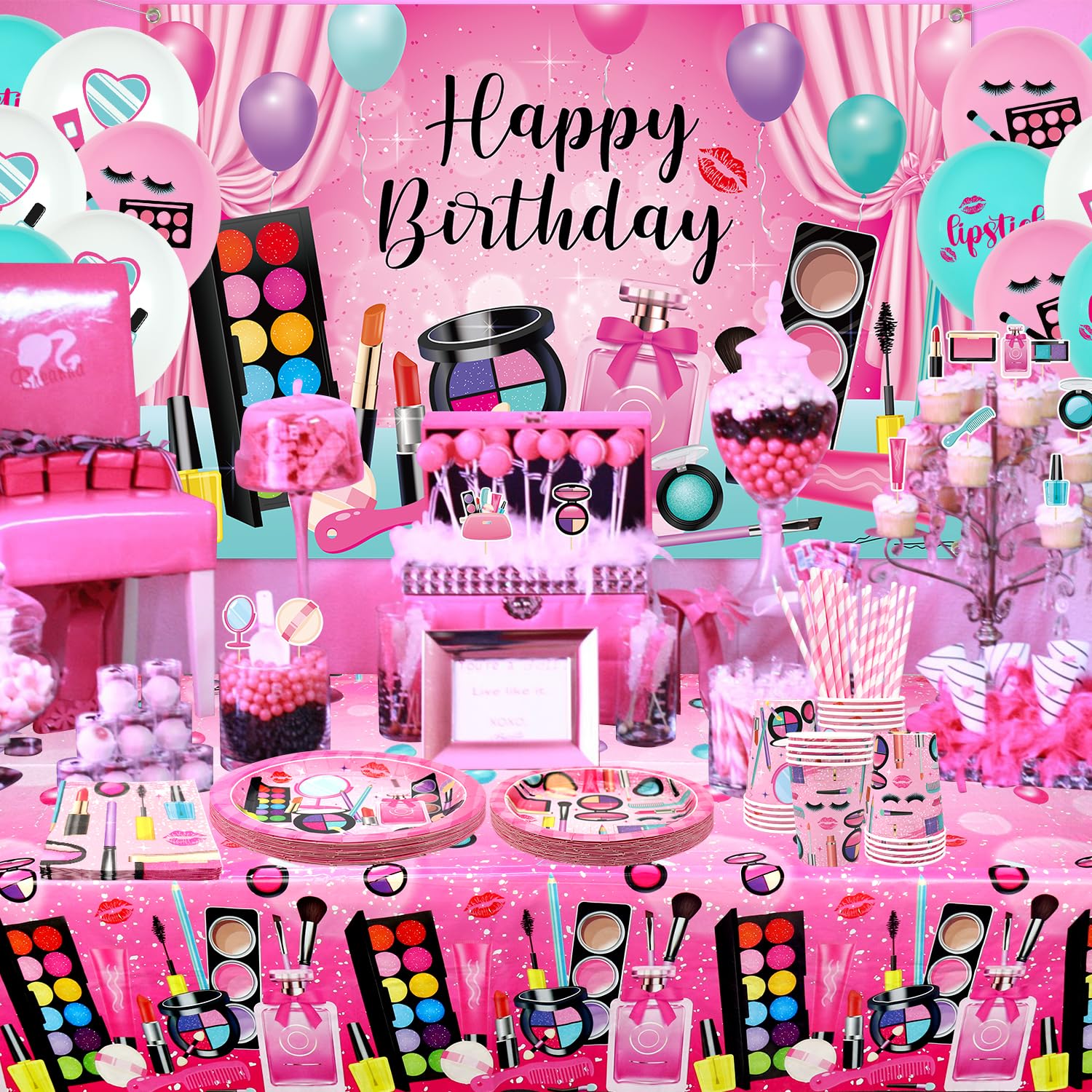 Decorazione per feste di compleanno spa, forniture per feste di trucco, piatti, tazze, tovaglioli, tovaglia, sfondo di buon compleanno, palloncini, topper per torte per ragazze donne sonno coccole spa