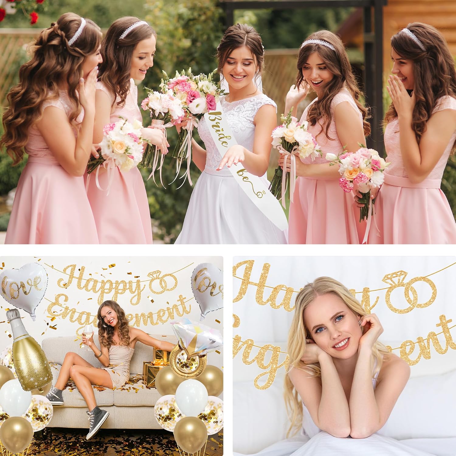 Trgowaul Champagne Gold Engagement Party Decorations, Happy Engagement Banner Backdrop, Bride&Groom Sash for Bridal Shower, Ring Foil Balloon, Just Engaged Cake Topper Wedding Shower Decor