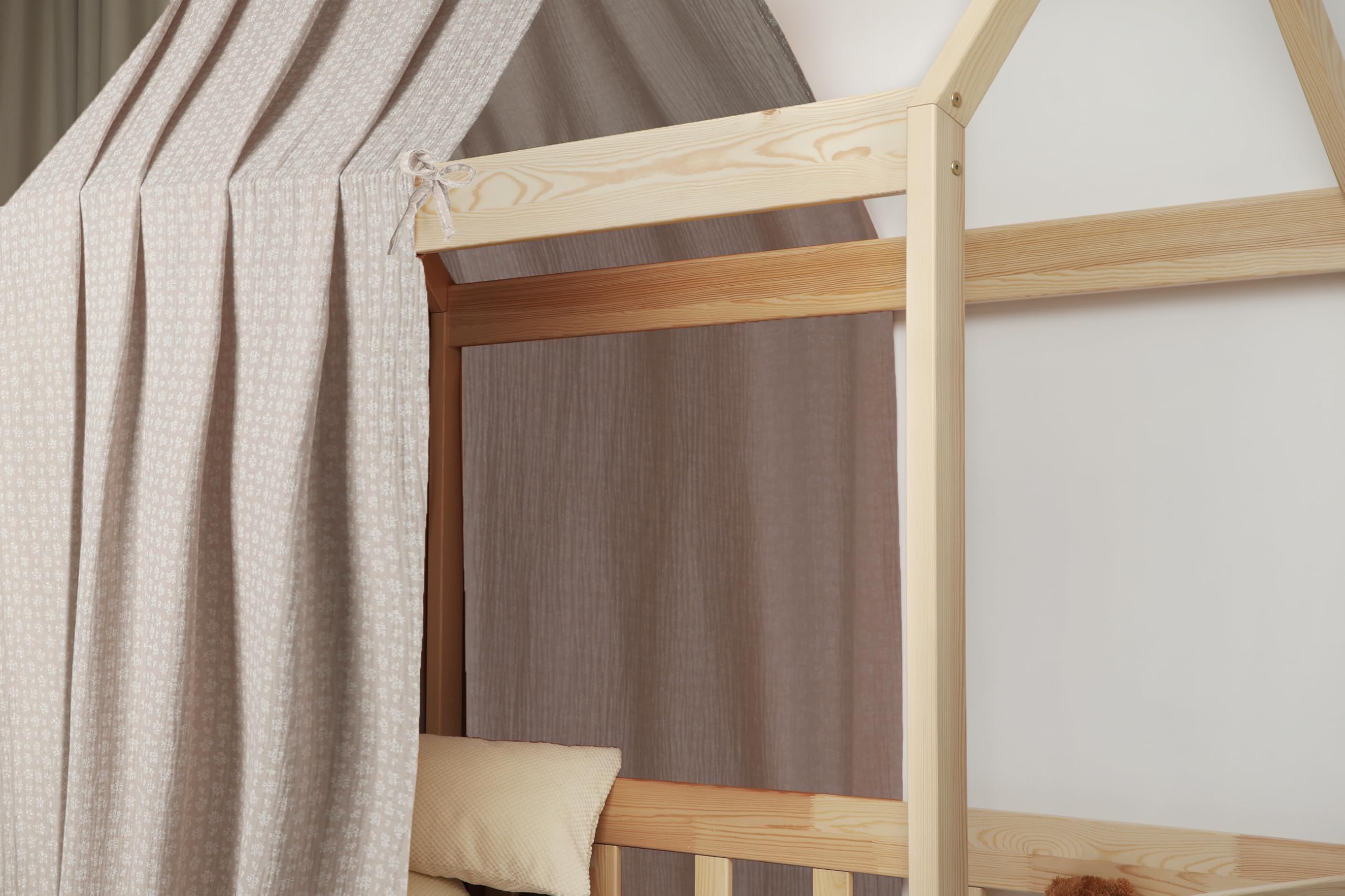 Toile de Lit Cabane 100% Coton - Ciel de Lit Cabane pour Lit Montessori 80x160, 90x200 cm - Tissu Oeko-Tex Gots (Beige Feuillage, 120 x 370 cm)
