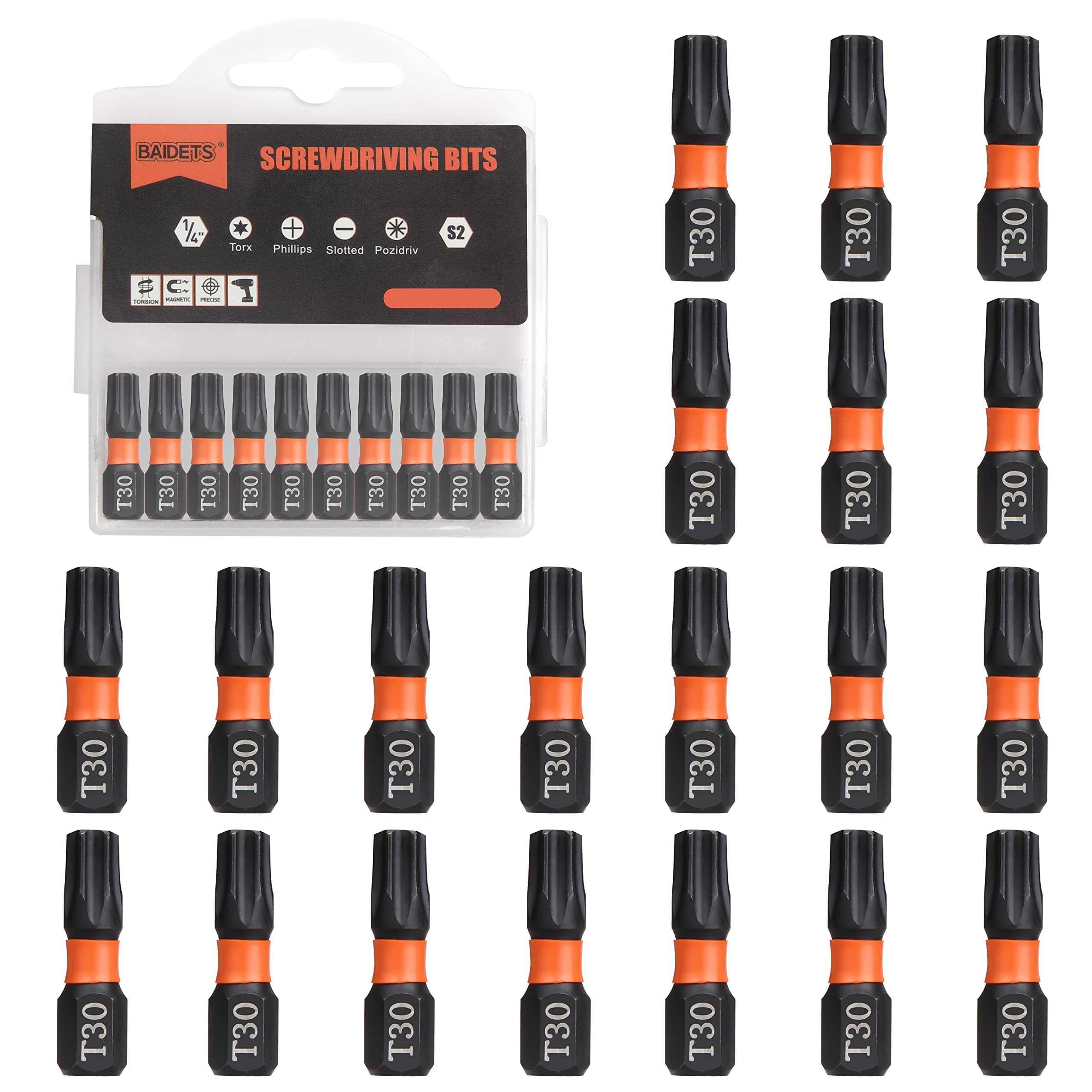 BAIDETS Pro T30 Bit-Sortiment - Schraubendreher Bits Set 20 Stück, 25mm Länge, Schrauber-Bit, 1/4" Sechskantschaft, mit Spender-Box