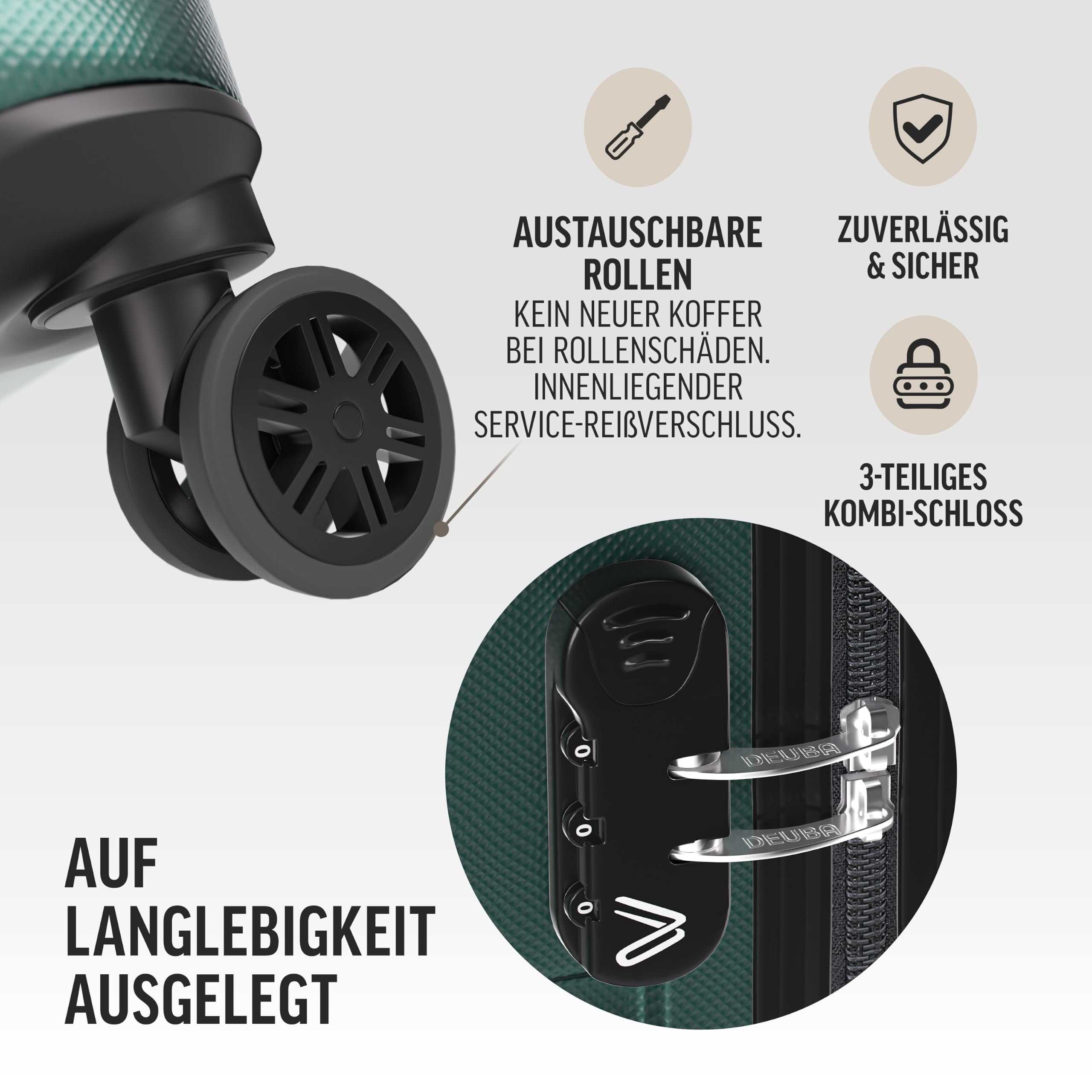 DEUBA® TRAVEL Koffer Set 3tlg 55x40x20 Sicherer Stauraum Kreuzgurt PVC Fach Reisekoffer Groß Trolley Suitcase mit 360° Rollen Hartschalenkoffer Handgepäck Koffer Dunkelgrün