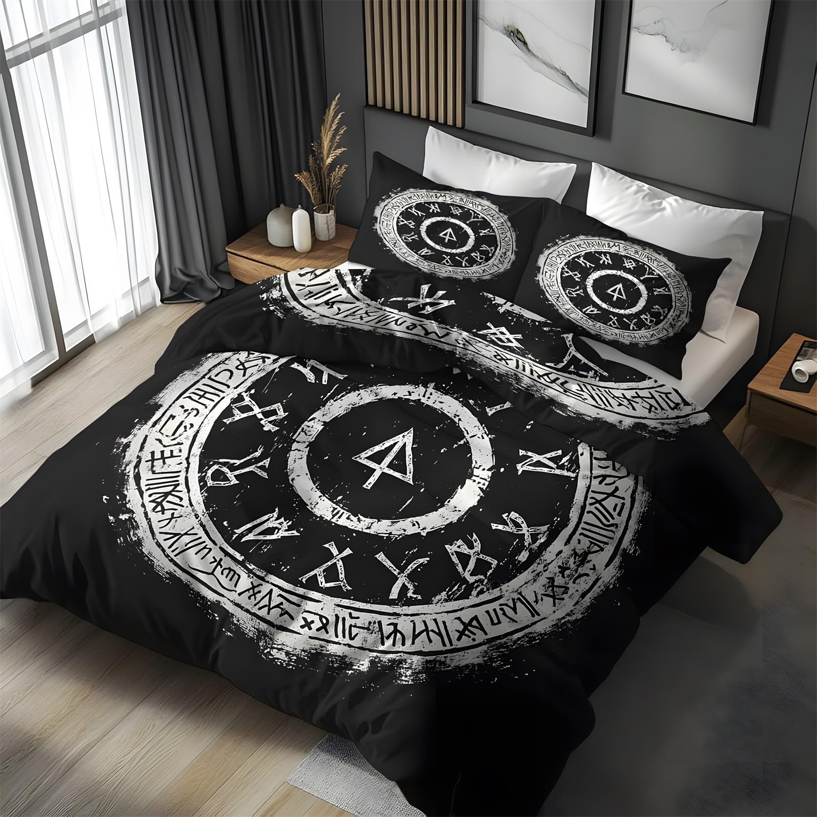 Ypthriline Double Bedding Set Runes Bedding Set Microfiber Retro Duvet Covers with Pillowcases Reversible Bedding With Zipper Closure 200x200CM