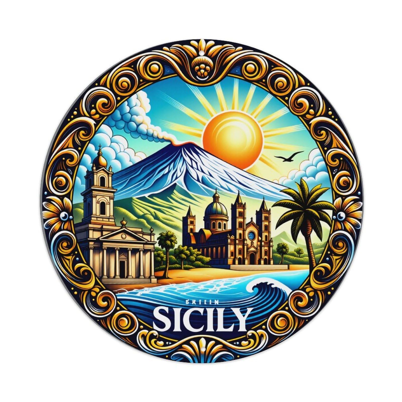 Sicily Sun Mountain Church Palm Vintage Metal Tin Sign Retro Wall Decor for Home Bar Garage Cafe, Indoor & Outdoor Decorative，circle Metal Poster, 8x8 Inch