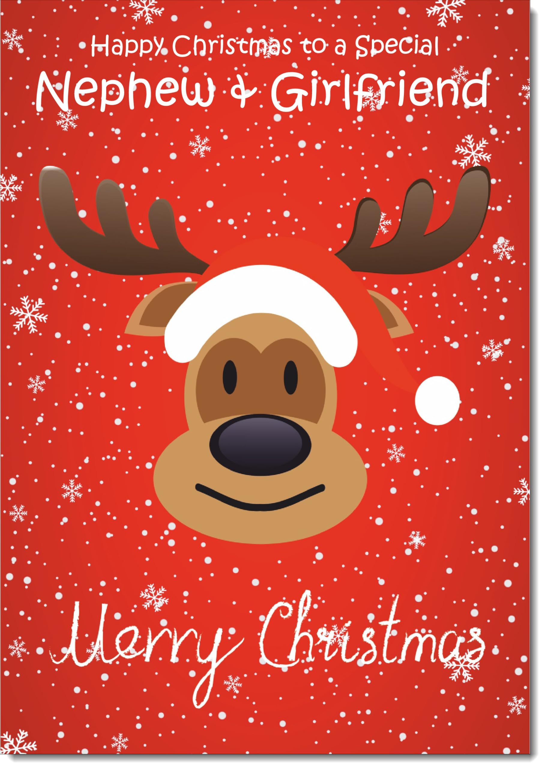 doodlecards Nephew and Girlfriend Christmas Card Rudolph on Red Background Large A4 Size Christmas Card for Nephew & Girlfriend with Plain Envelope — image 1