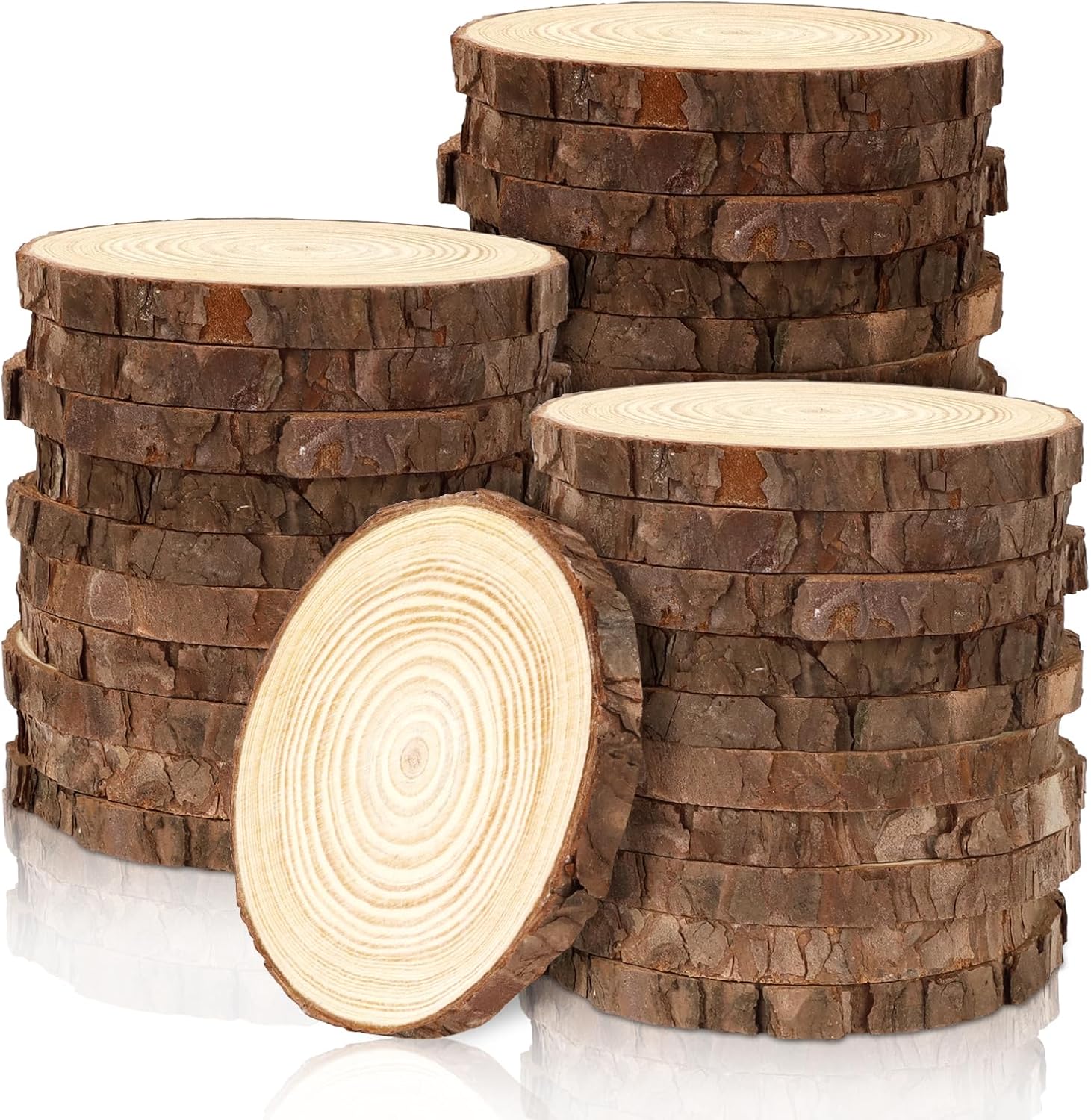 FSWCCK 30 Pack Nature Unfinished Wood Slices, 3.5-4 Inches Round Wooden Circle with Tree Bark, Rustic Wood Centerpieces for Weddings Table Decor and DIY Painting Crafts