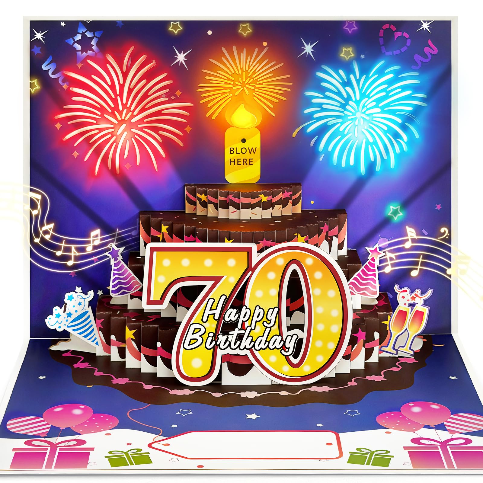 YianHien 70th Birthday Card for Women Men, Musical Birthday Cards with Blow Out LED Candle, 3D Pop Up Birthday Card with Light Up Fireworks, Unusual 70th Birthday Decorations Gifts