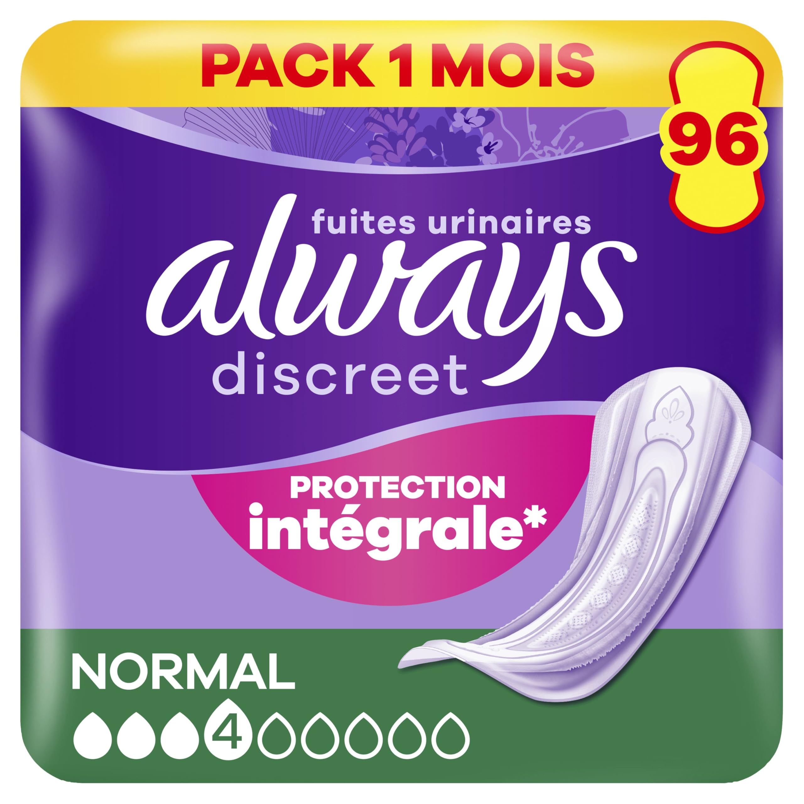 Always Discreet - 96 Serviettes Incontinence pour Femme, Normal, 4 Gouttes, Fuites Urinaires Fréquentes - Format Eco - Protection Intégrale et Discrète, Serviette Compatible Post accouchement