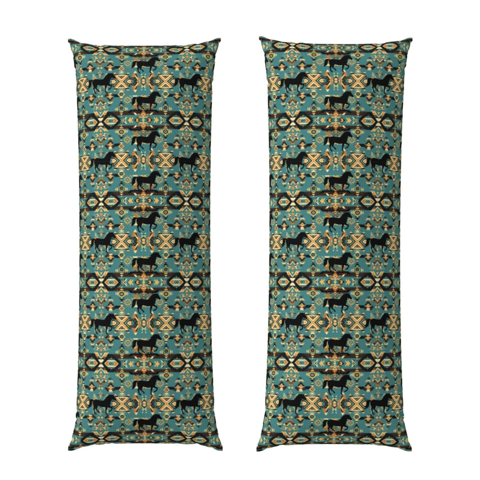 Body Pillow Case 20x60 Inch, Traditional Symbols Tribal Ethnic Horses, Zippered Cozy Pillow Cover, Softffy Fabric, Comfortable Protector for Bedroom Couch Sofa