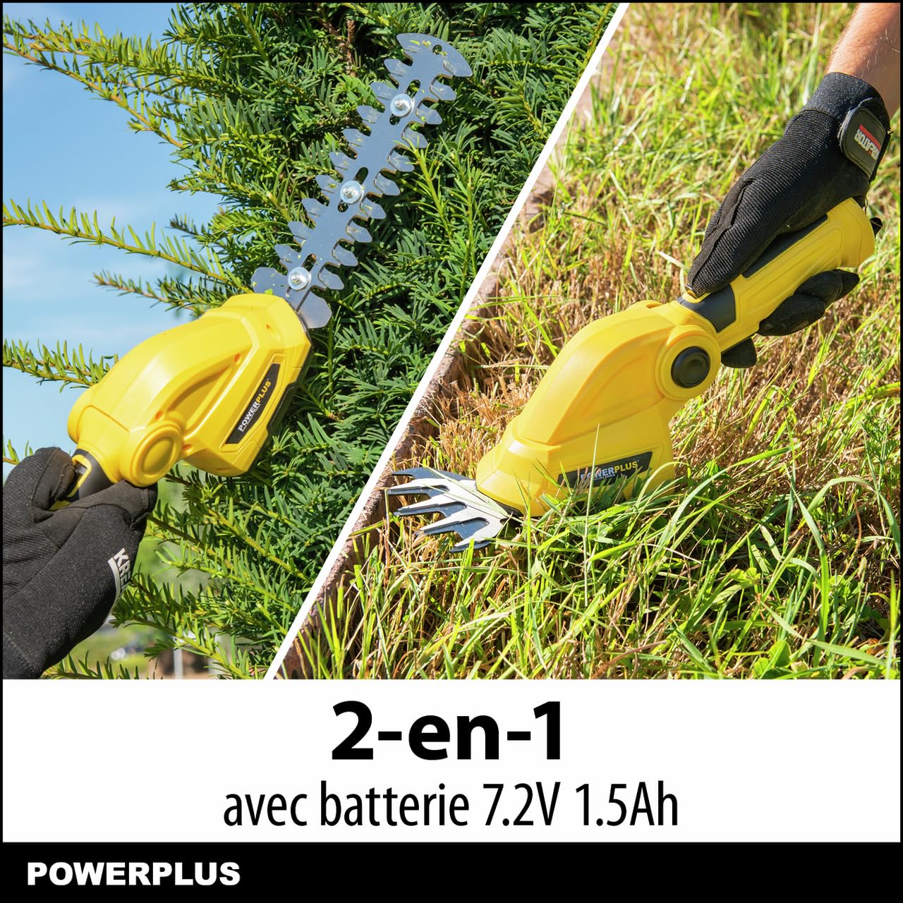 Powerplus Heckenschere POWXG2033 leichte Gartenschere elektrisch mit Li-Ionen Akku – 2 in 1 Garten Tool als Rasenschere, Trimmer und Strauchschere für Hecken, Sträucher & Pflanzen im Garten