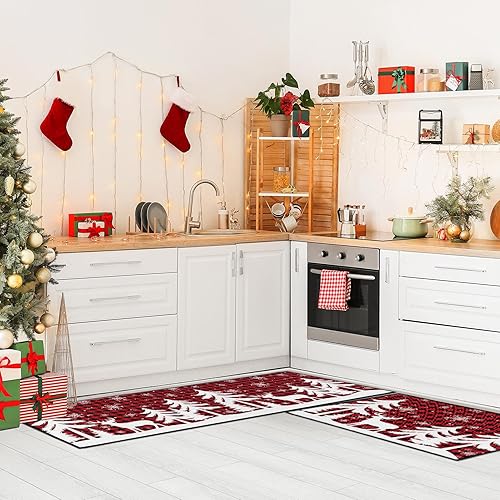 Miniatura 2 de Tayney Juego de 2 alfombras y tapetes de cocina de Navidad, antideslizantes, lavables, tapete de cocina de búfalo a cuadros, ciervos, alfombra de