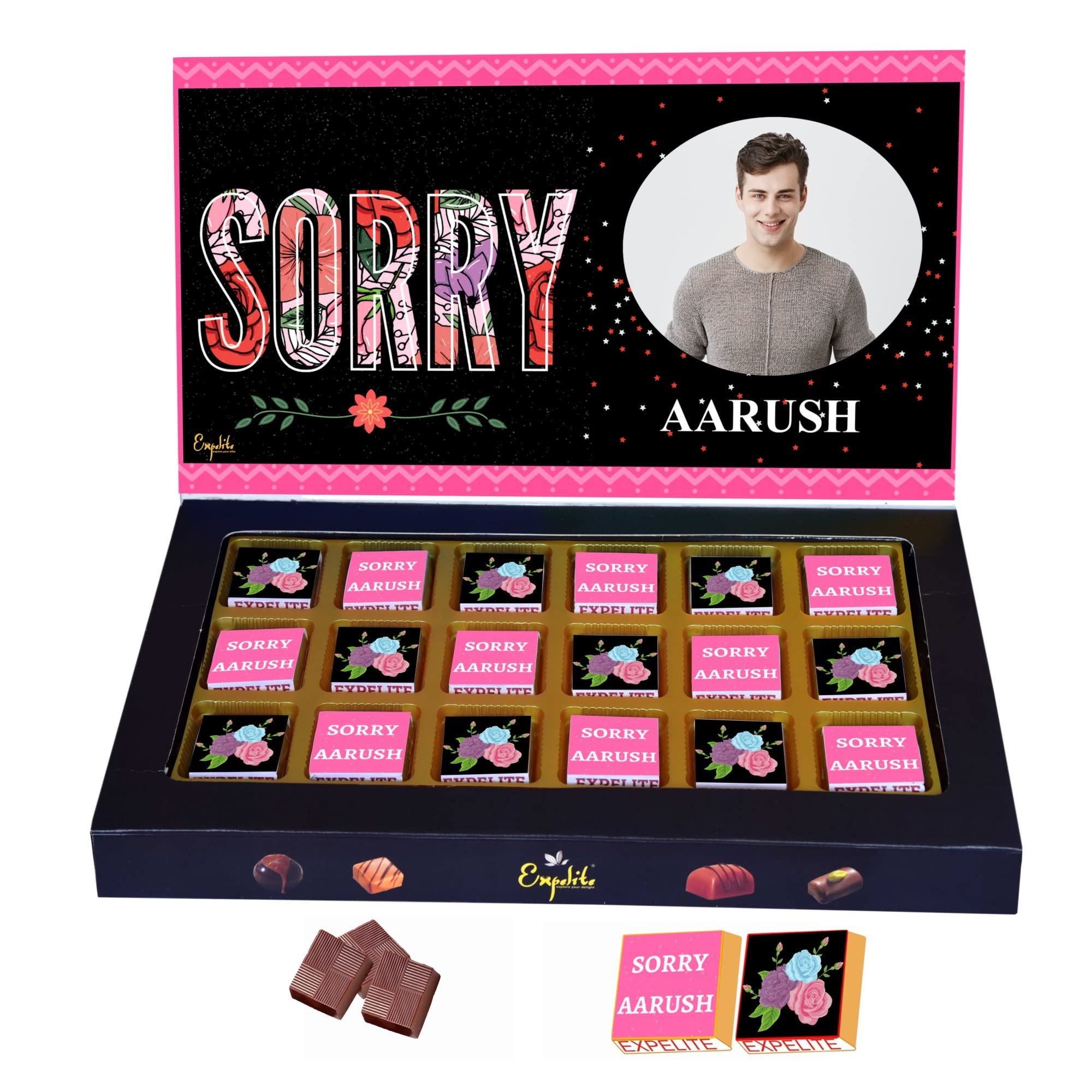 Expelite Personalised Sorry Chocolate Gift Box, 18 Piece Apology Gifts with Sorry Greeting Card, Dry fruits Almond, Cranberry, Paan, Butter Scotch Flavour Chocolates, 300 gram-image-47