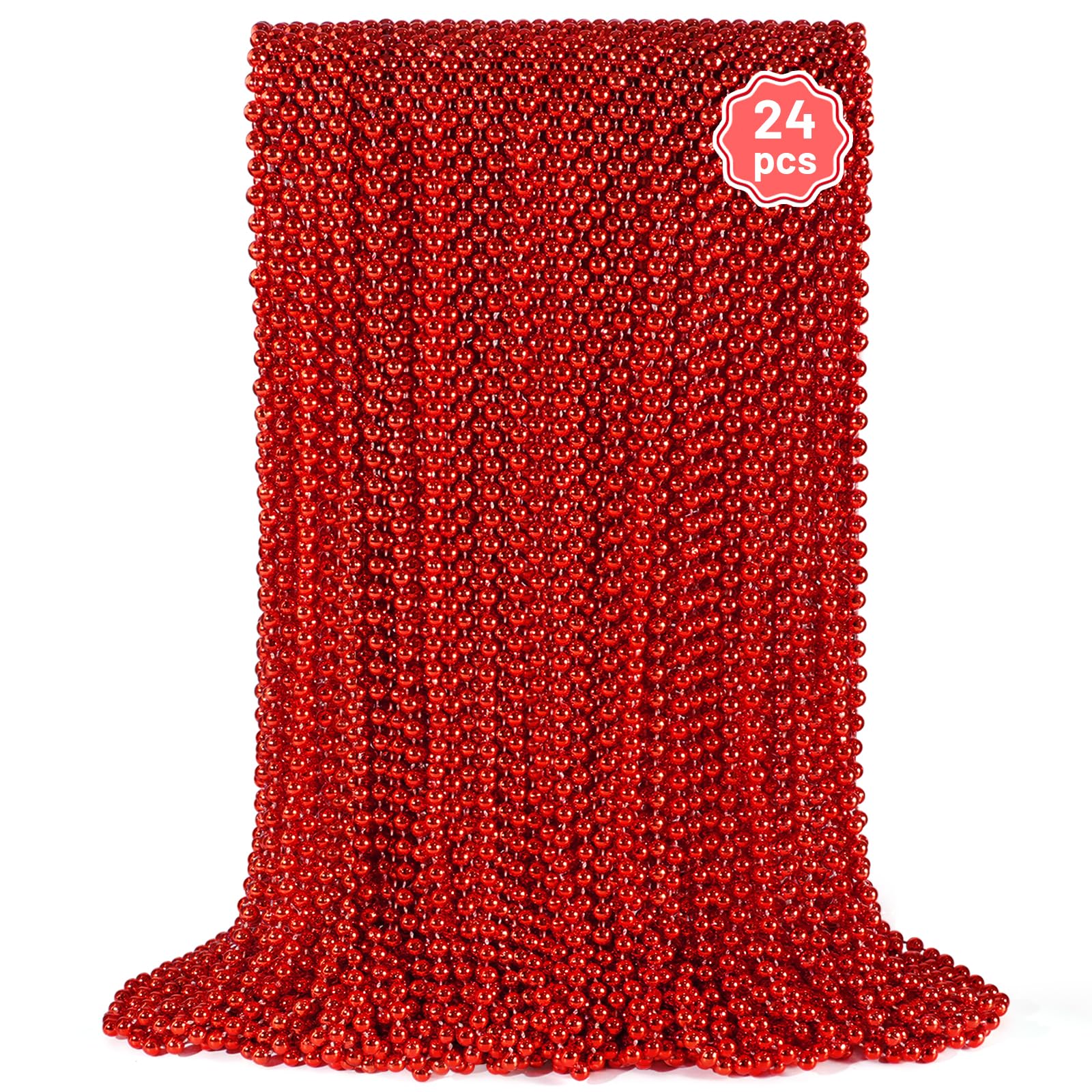 YAXINRUI 24 PCS Red Bead Necklaces, Red Christmas Mardi Gras Bead Necklaces, Valentine Necklace, 33 Inch Round Beaded Necklaces for Mardi Gras