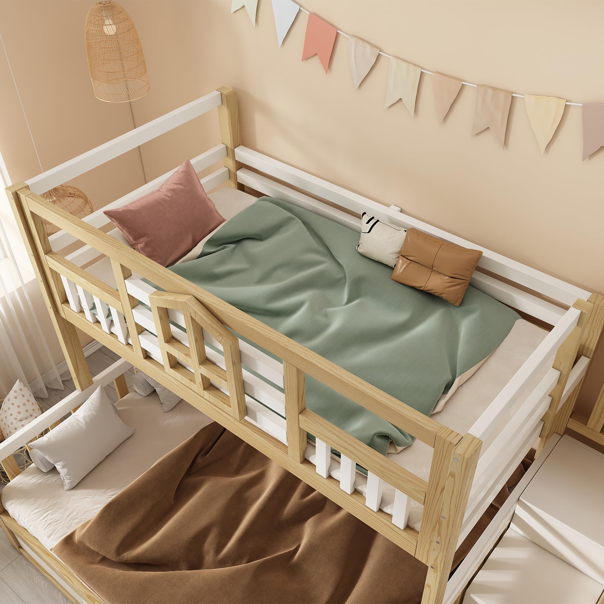 Mrwoo Etagenbett 90/140x200 cm mit Hydraulikfunktion und Treppe Stauraum, Kinderbett mit Großer Stauraum und Hüttenstil, Hochbett mit Fenster, Weiß + Eichefarbe(Ohne Matratze)