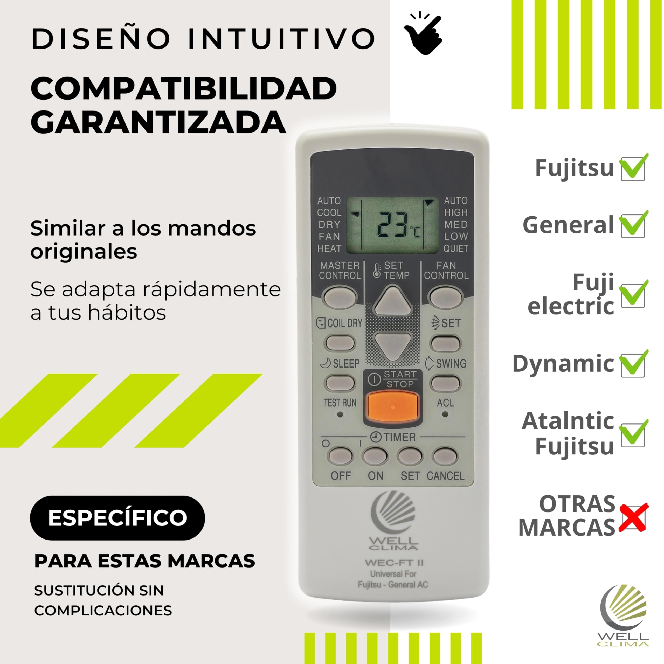 Wellclima WEC-FT II Mando Universal Compatible con Aires Acondicionados Fujitsu y General, Funciones Avanzadas, hasta 4 Velocidades de Ventilador, Listo para Usar en Segundos, Asistencia Wellclima
