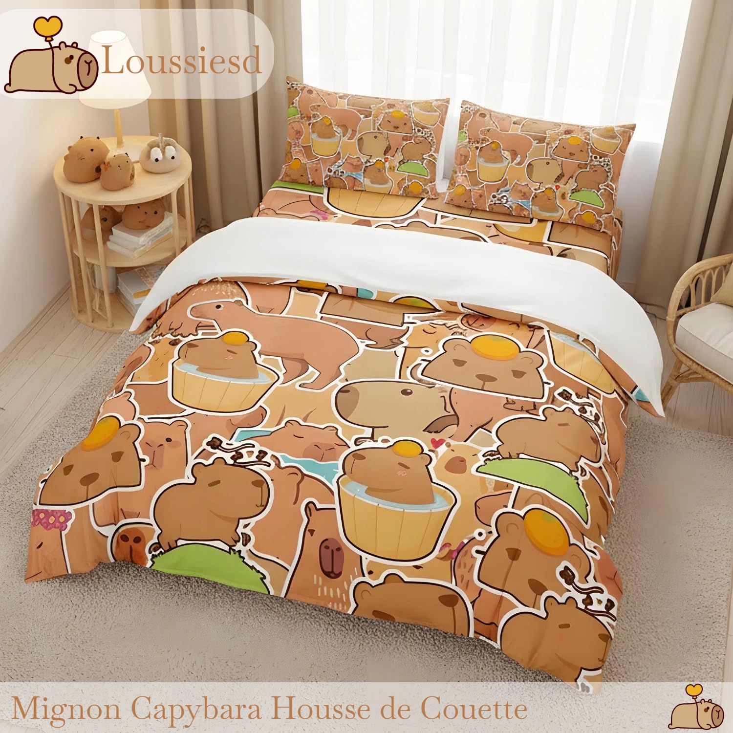 Loussiesd Capybara Copripiumino 200 x 200 cm Regali per Bambini Capybara Biancheria da letto Set per Ragazzi Adolescenti Amanti Animali Capybara Parure da letto Modello Arancione Marrone Biancheria da