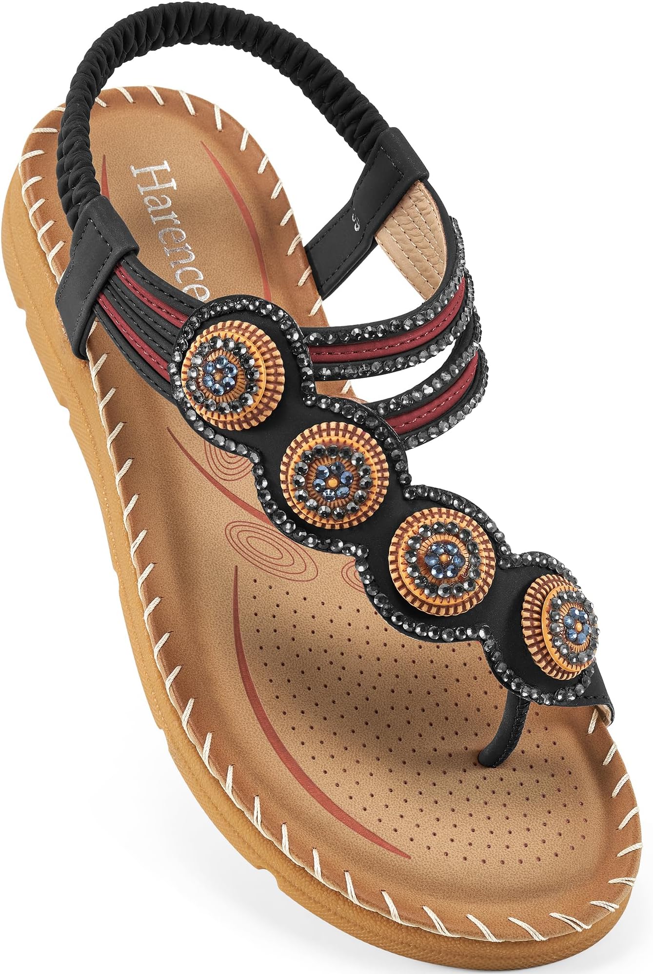 Flat Sandals for Women Dressy: Bohemian Beaded Toe Ring Summer Walking Shoes with Elastic Ankle Strap for Travel Vacation & Daily Wear