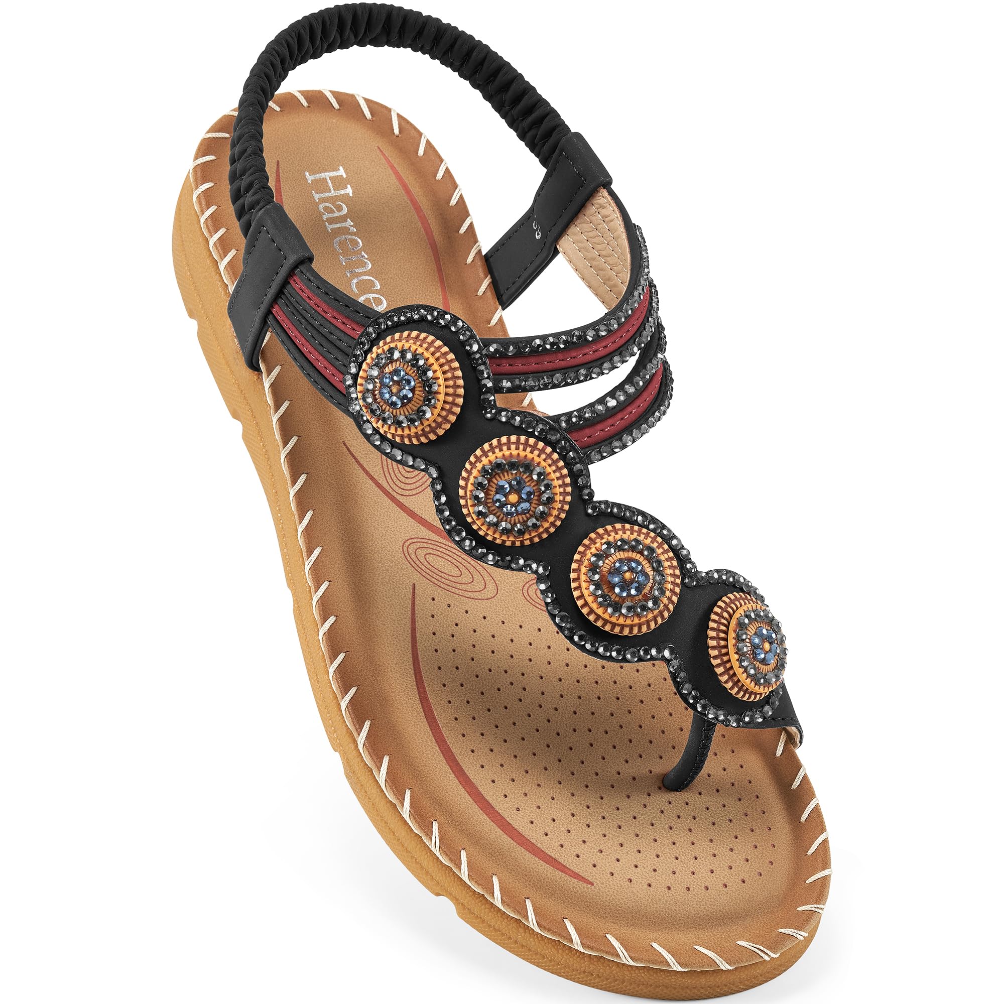 HARENCE Flat Sandals for Women Comfortable: Dressy Summer Bohemian Beaded Toe Ring Shoes - Zero Foot Pain for Casual Walking