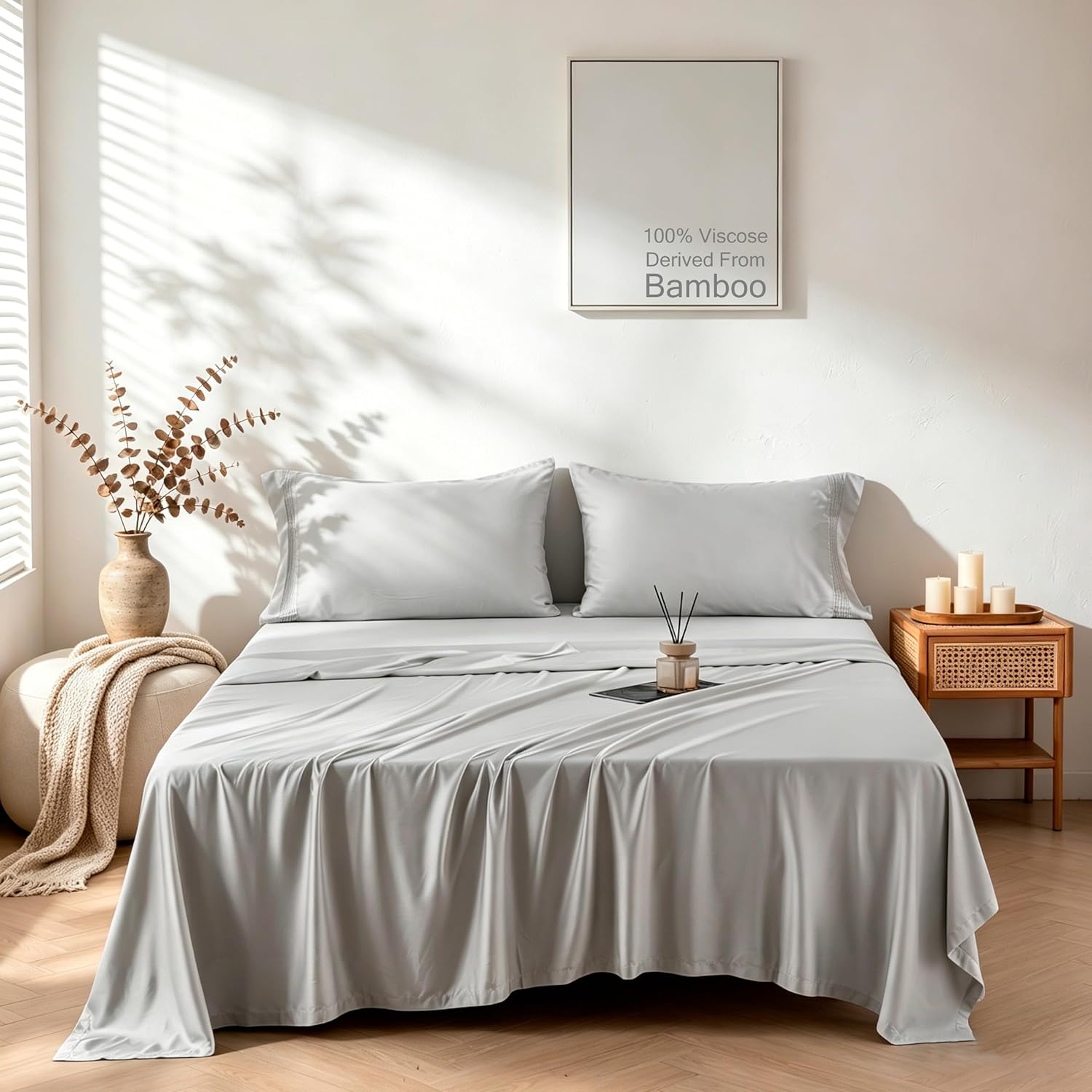 King Sheet Set, Cooling Sheets for King Size Bed Set, 100% Viscose Derived from Bamboo, Breathable & Soft Deep Pocket Up to 18", Hotel Luxury Silky Bedding for Hot Sleepers, (Light Gray)