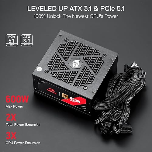 Miniatura 111 de Redragon Fuente de alimentación RGPS-850W 80+ Gold de 850 vatios con ATX 3.1 y PCIe 5.1 totalmente modular, cable de 12VHPWR incluido, condensadores