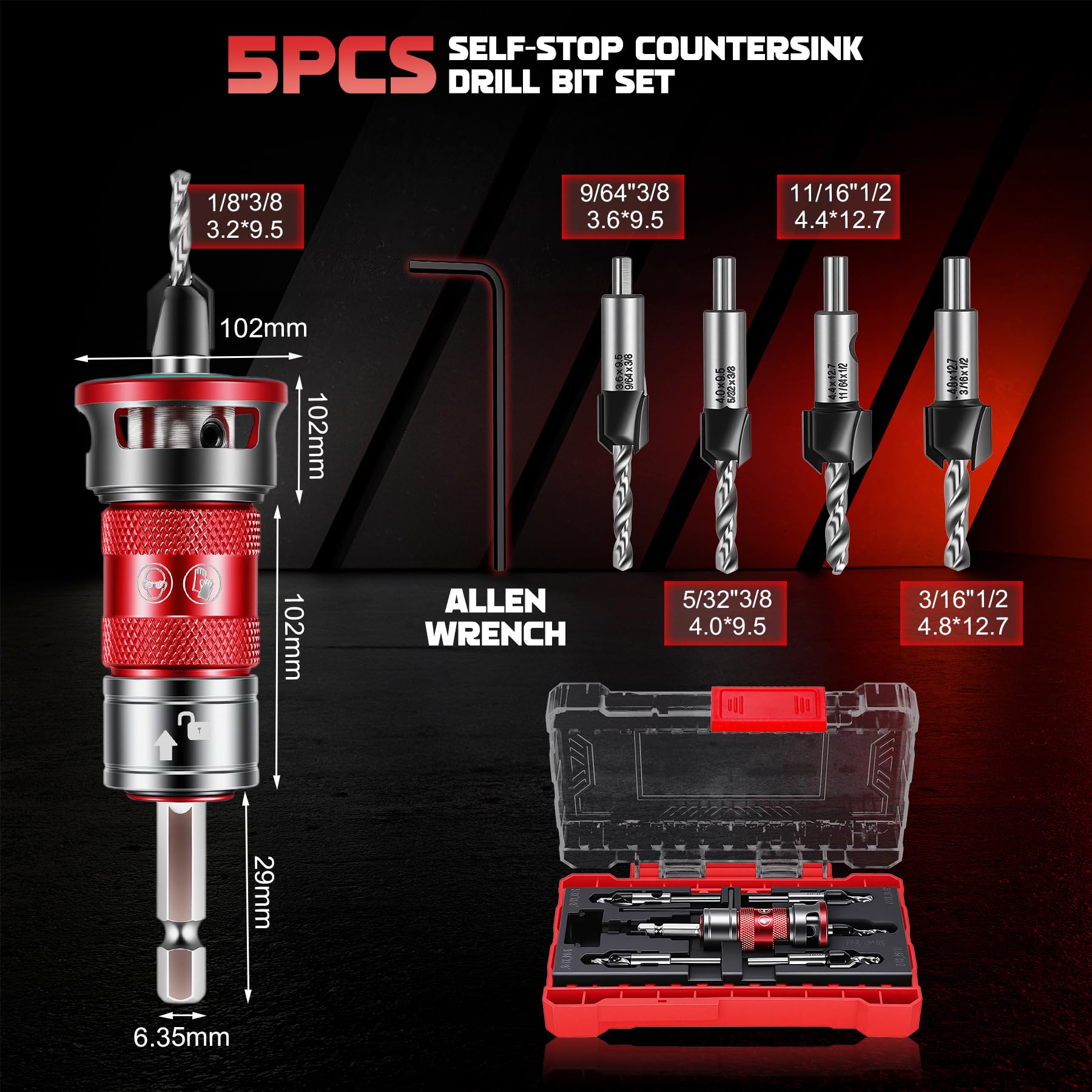 Upgraded Senkbohrer Holz Set, Schnelle Tiefeneinstellung, 5-tlg TCT-Schneiden & HSS-M2 Senker mit 1/4" Hex Schaft, L-Schlüssel, Bohrsenker mit Tiefenanschlag, ideal für Holzbearbeitung