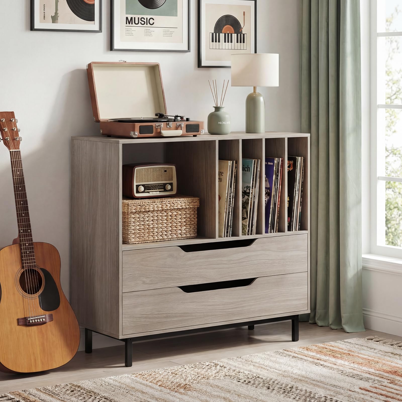 GIANTEX Mobile Porta Dischi in Vinile con Scomparti Aperti e 4 Separatori, Gambe Metalliche e Cassetti, Mensola in Legno per Sala Musica e Soggiorno