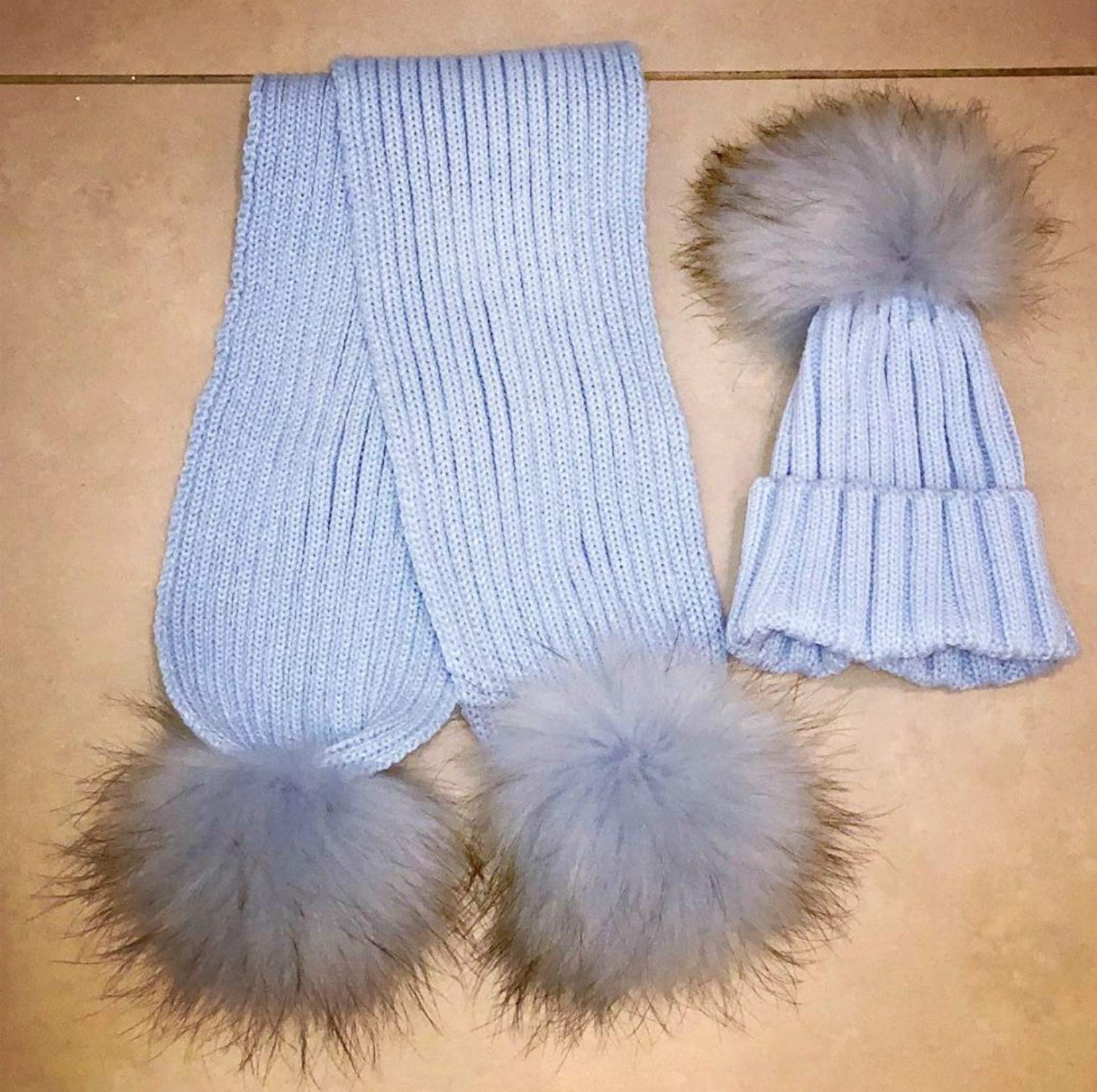 Set Cappello e Sciarpa Bambino PON PON Vera Pelliccia Celeste Azzurro 1-5 Anni Bimbo Cuffia Berretto Blue Baby Kids