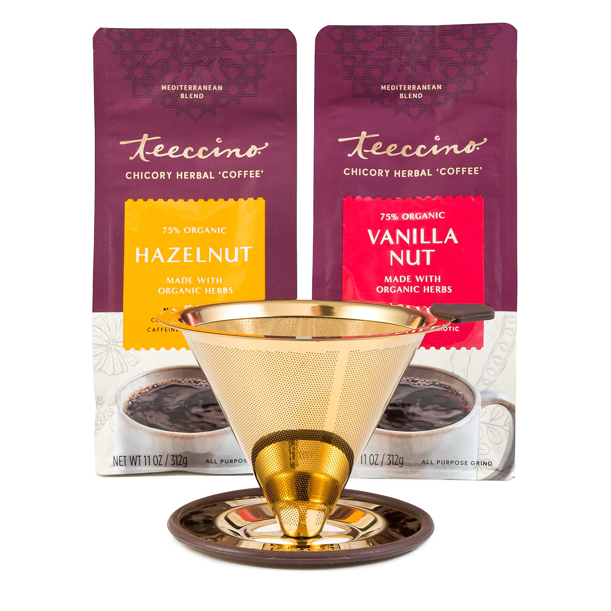 Teeccino Pour Over Coffee Maker with 2 x 11 Ounce Bags Chicory Coffee Alternative - Hazelnut and Vanilla Nut – Prebiotic, Caffeine Free, Acid Free, Stainless Steel Gold Coffee Dripper