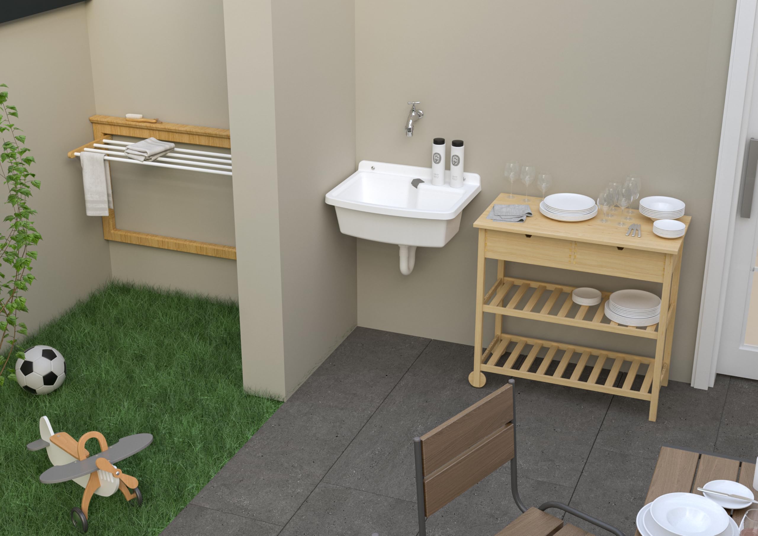 Adventa: Lavabo Multiuso Vela in resina di PP, Installazione a parete, Facile da montare, Kit di scarico incluso, Resistente, Indoor e Outdoor, 60 x 45 x 25 cm, Bianco