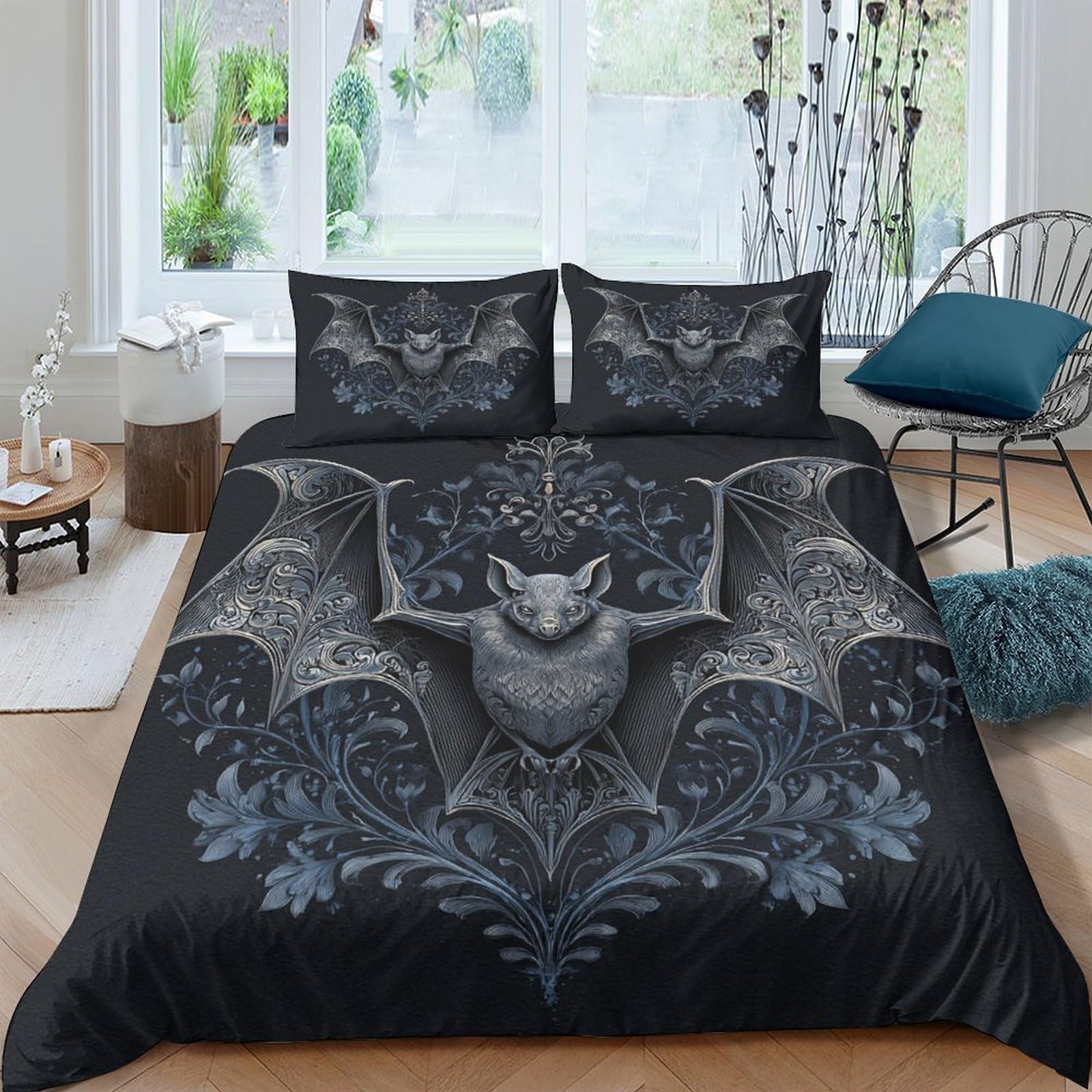 Ctjqhvkz Style-1 3D Printed Gothic Bat Fitted Sheet Microfiber Dark Fantasy Floral Mattress Cover For Bedroom Guest Room Mattress Protection Decor Single（135X200cm）