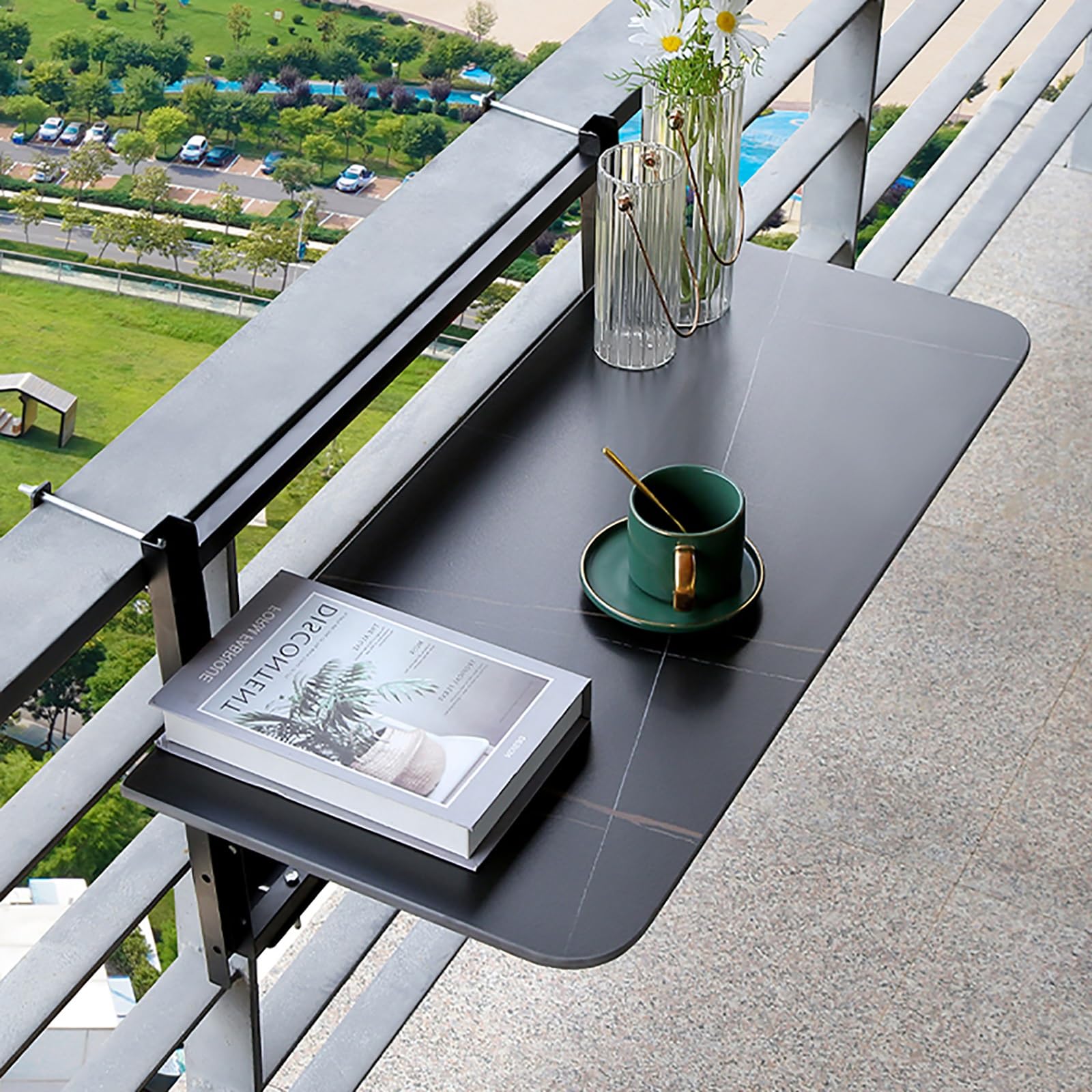 SXZenSpace Hanging Table Balcony, Foldable Bar for Railings Adjust Height Wall Mounted Folding Lifting Desk(Black,100cm/39in)