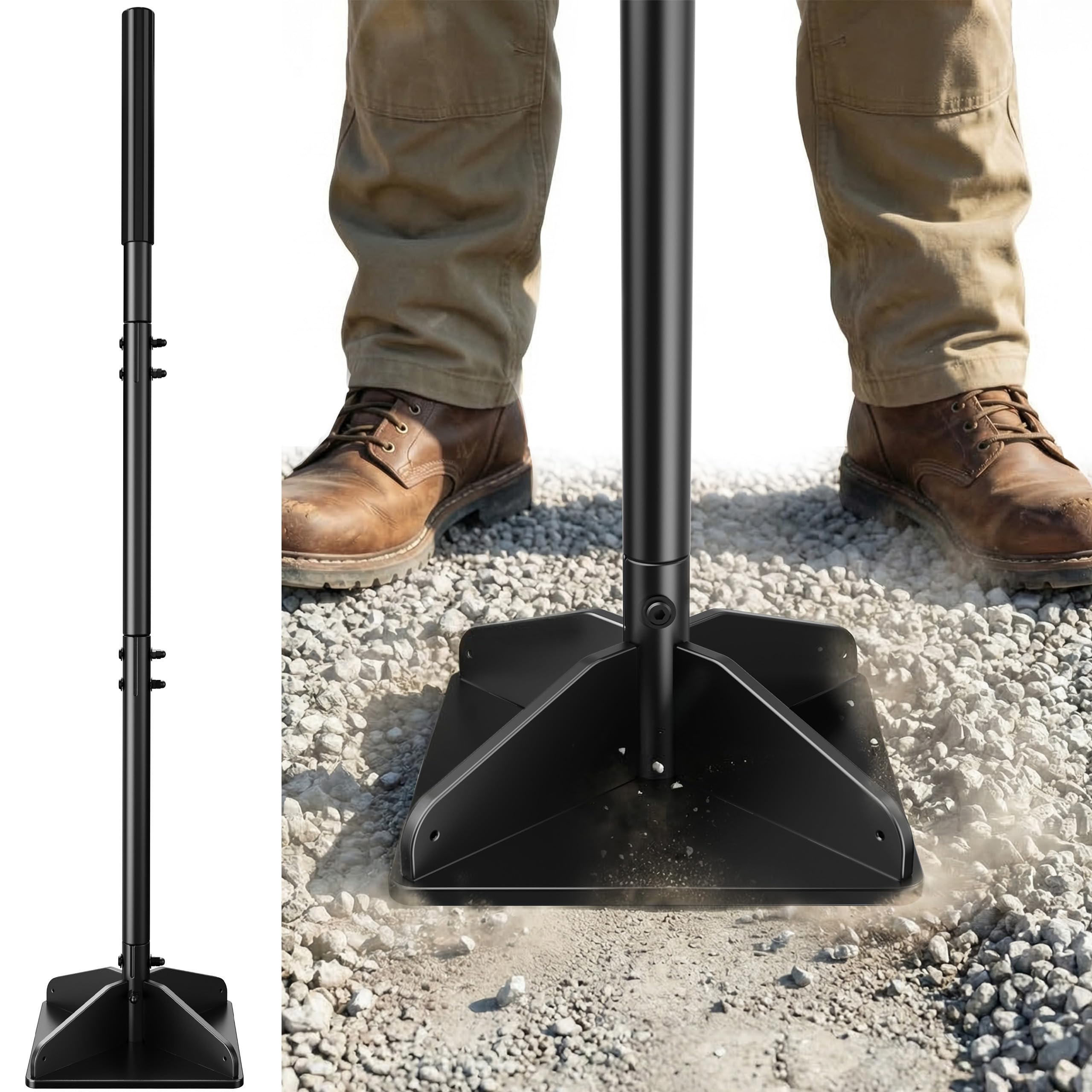 Tamper in acciaio resistente con bulloni aggiornati e base rinforzata, manico da 121,9 cm con comoda impugnatura in gomma, piastra da 20,3 x 20,3 cm, facile da montare, manomissione manuale per