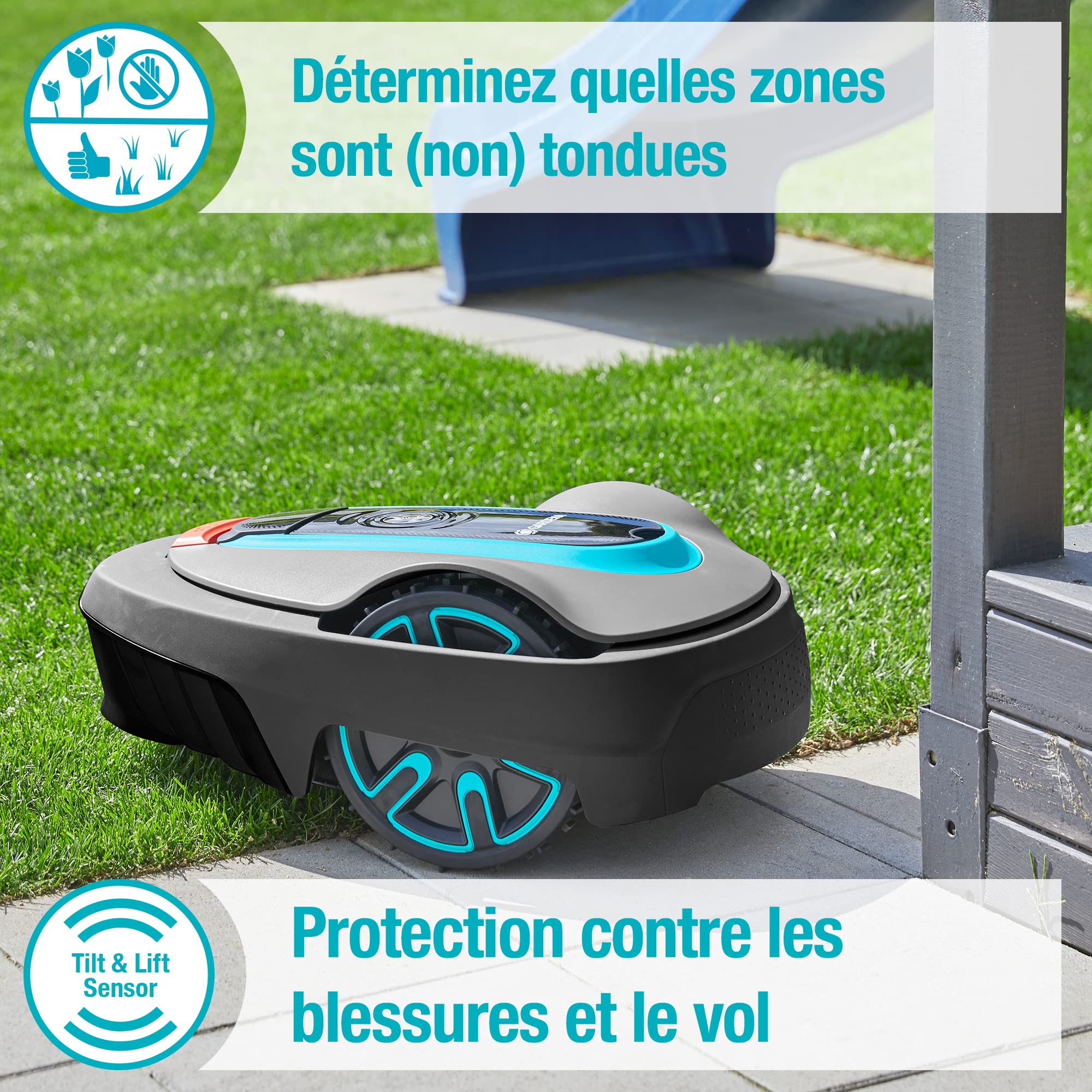 Gardena Tondeuse Robot Smart SILENO City 500 m² Set: Technologie Lona IA innovante, réglage Via Application, SensorControl, pour pentes 35% Max, passerelle Smart, FR-Version (19602-66)