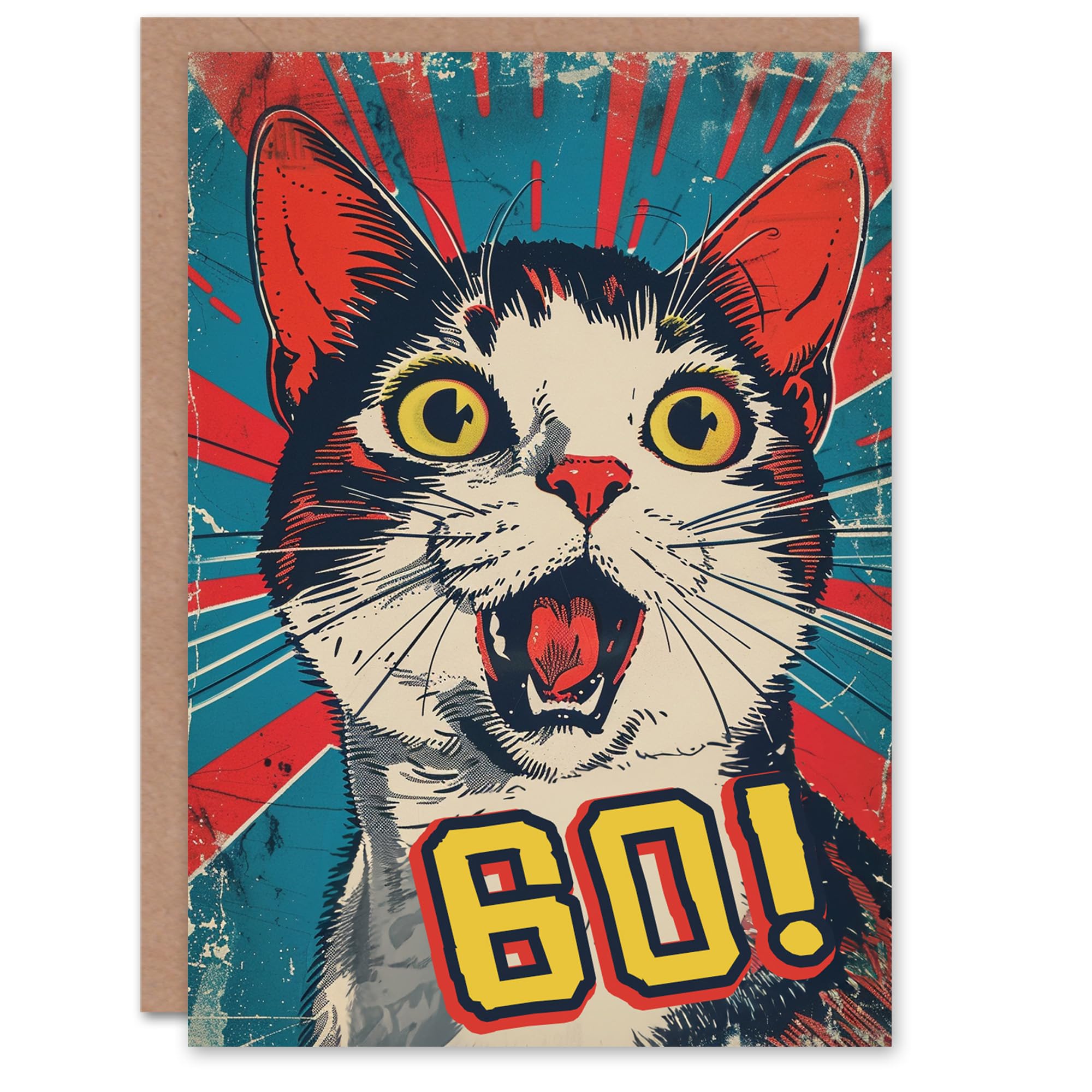 Artery8 Surprise Retro Style Sixty 60 Year Old Cat Lover Blank For Him Or Her Art Birthday Card