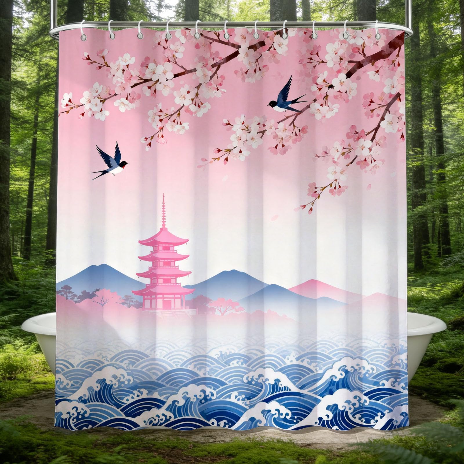 Rideau de douche cerisier japonais 180x180 en tissu pour s'évader au moment du bain