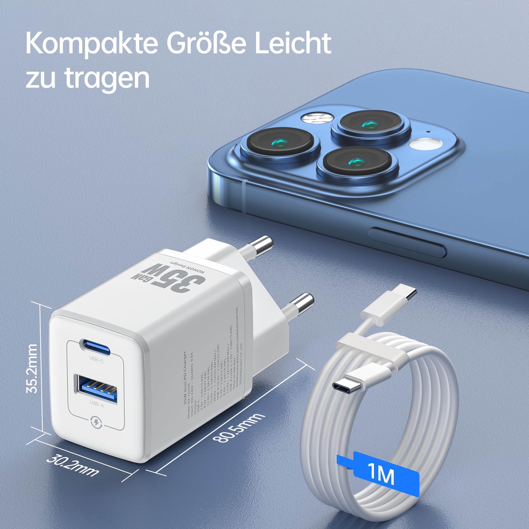 NOHON Ładowarka USB C do szybkiego ładowania: 35 W, zasilacz USB C z kablem do ładowania typu C 1 m, 2 porty GaN, wtyczka ładowania telefonu komórkowego kompatybilna z iPhone 15/14/13/12 Mini Pro