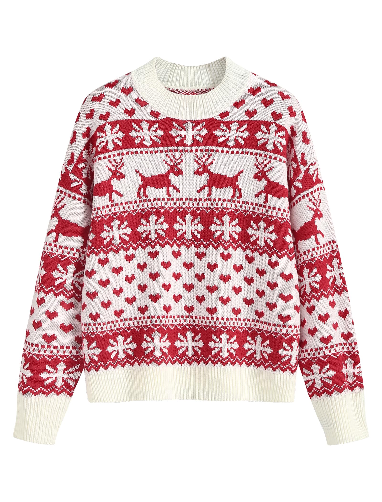 ZAFUL Womens Christmas Snowflake Diamond Long Sleeve Crew Neck Pullover Knitted Sweater