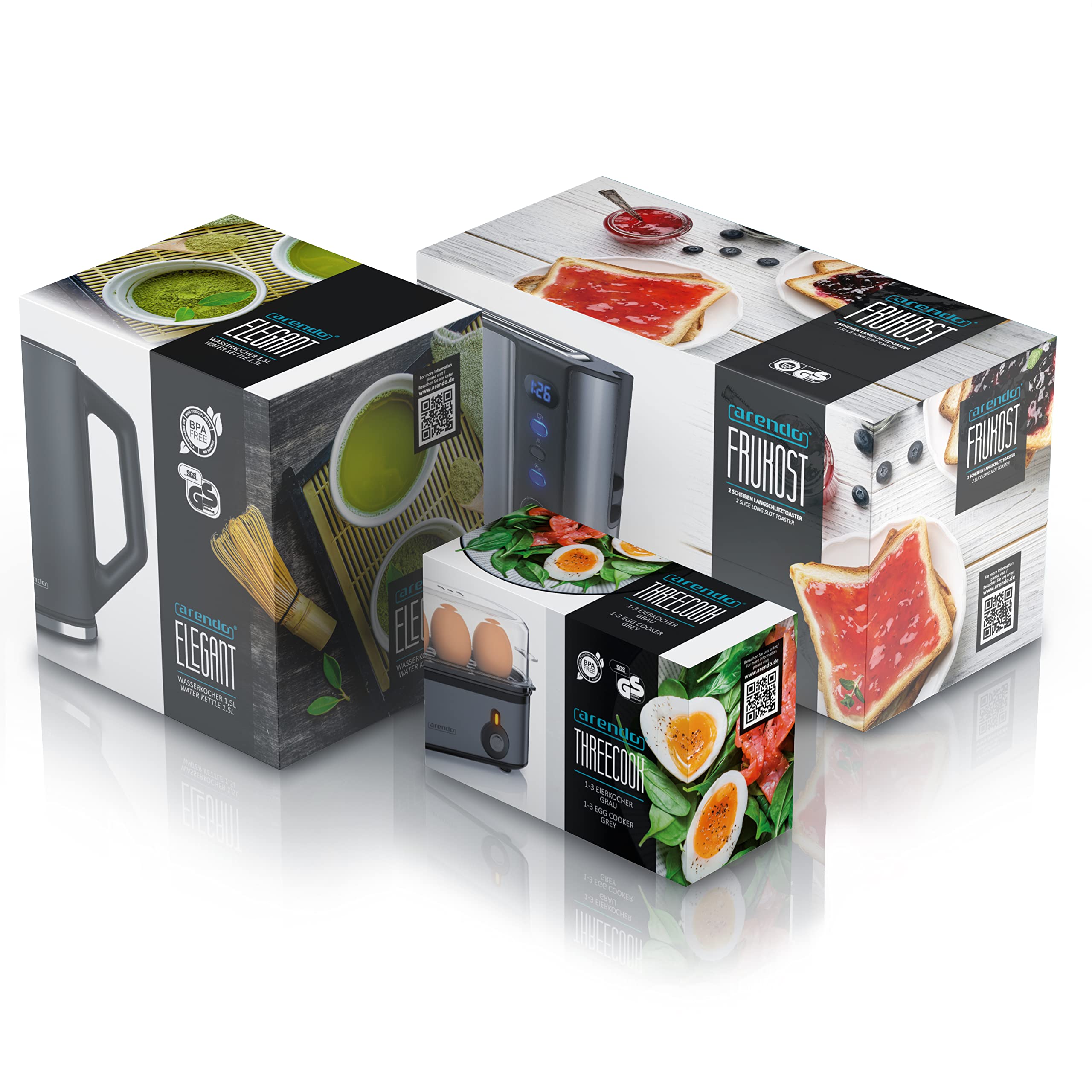 Arendo - Wasserkocher mit Toaster SET und Eierkocher Edelstahl Cool Grey, Wasserkocher 1,5L 40° - 100°C Toaster 2 Scheiben LED-Display 6 Bräunungsgrade Eierkocher 1-3 Eier Messbecher BPA frei