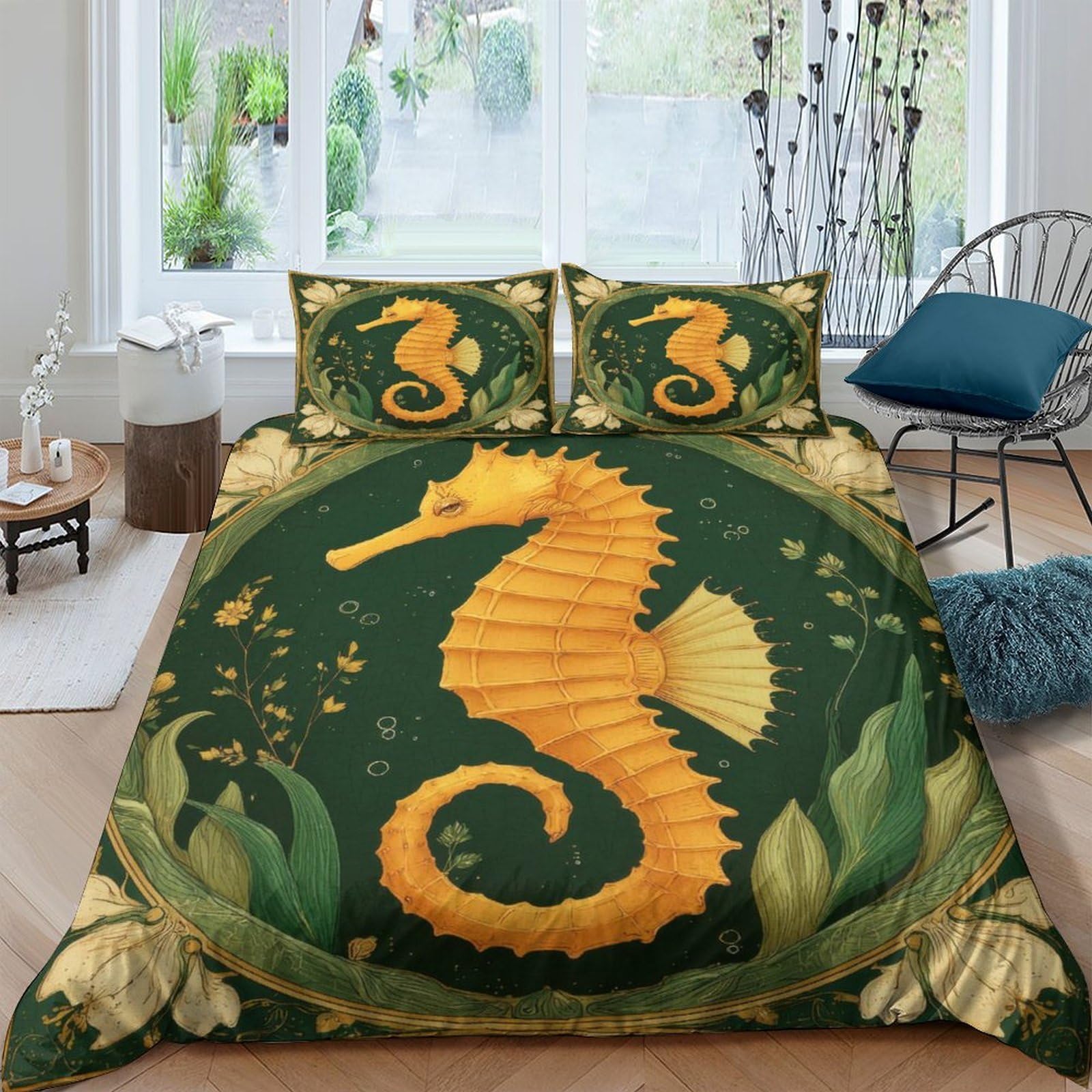 GPLZQXKJNH 3D Printed Golden Seahorse Duvet Cover Microfiber Green Ocean Bedding Set with 2 Pillowcases Soft Breathable for Bedroom Decor Single（135x200cm）