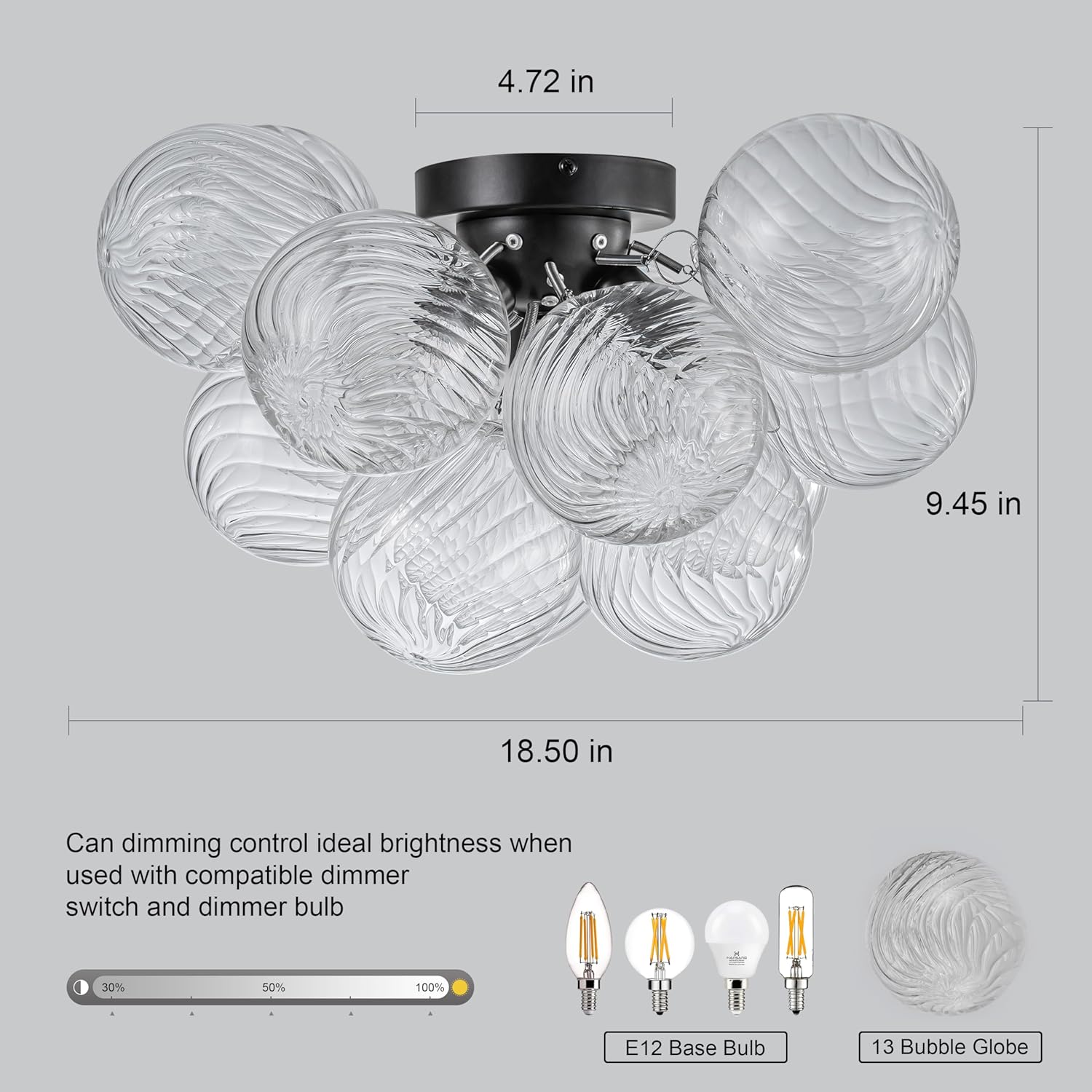 Semi Flush Mount Ceiling Light,Black Chandeliers for Living Room Modern Clear Swirled Glass Chandelier Dining Room Light Fixtures over Table 18.5" with 13 Globe for Foyer Bedroom Kitchen Island