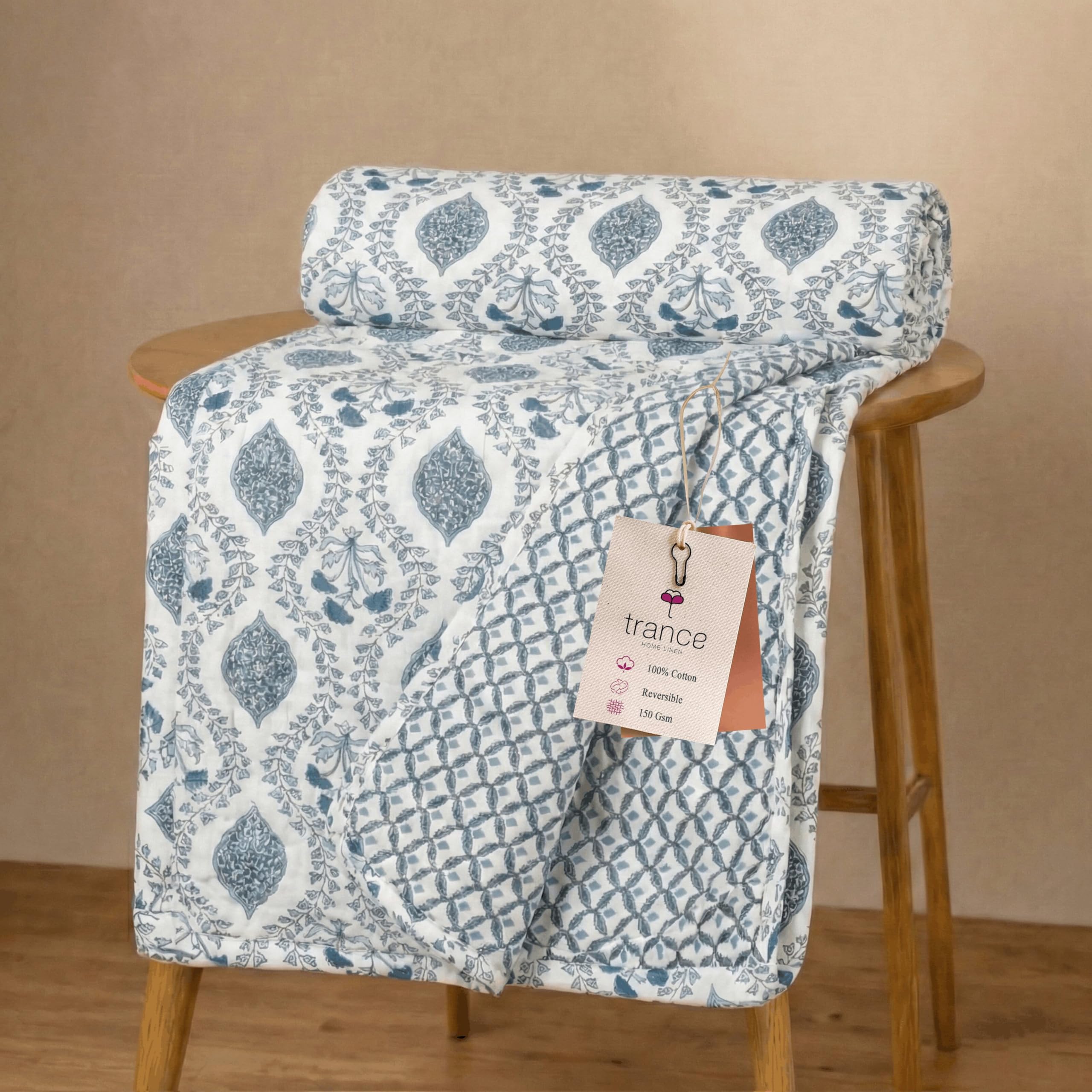 Trance Home Linen 100% Cotton Reversible Dohar Single Bed Size | Jaipuri Printed Artisan Block Design Blanket | Soft Lightweight Ac Comforter Quilt (56"X88", Jaal Blue) Pack of 1-image-15