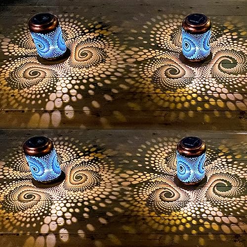 Paquete de 4 faroles solares colgantes para exteriores, faroles LED impermeables de metal con energía solar para jardín, patio, decoración con asa,