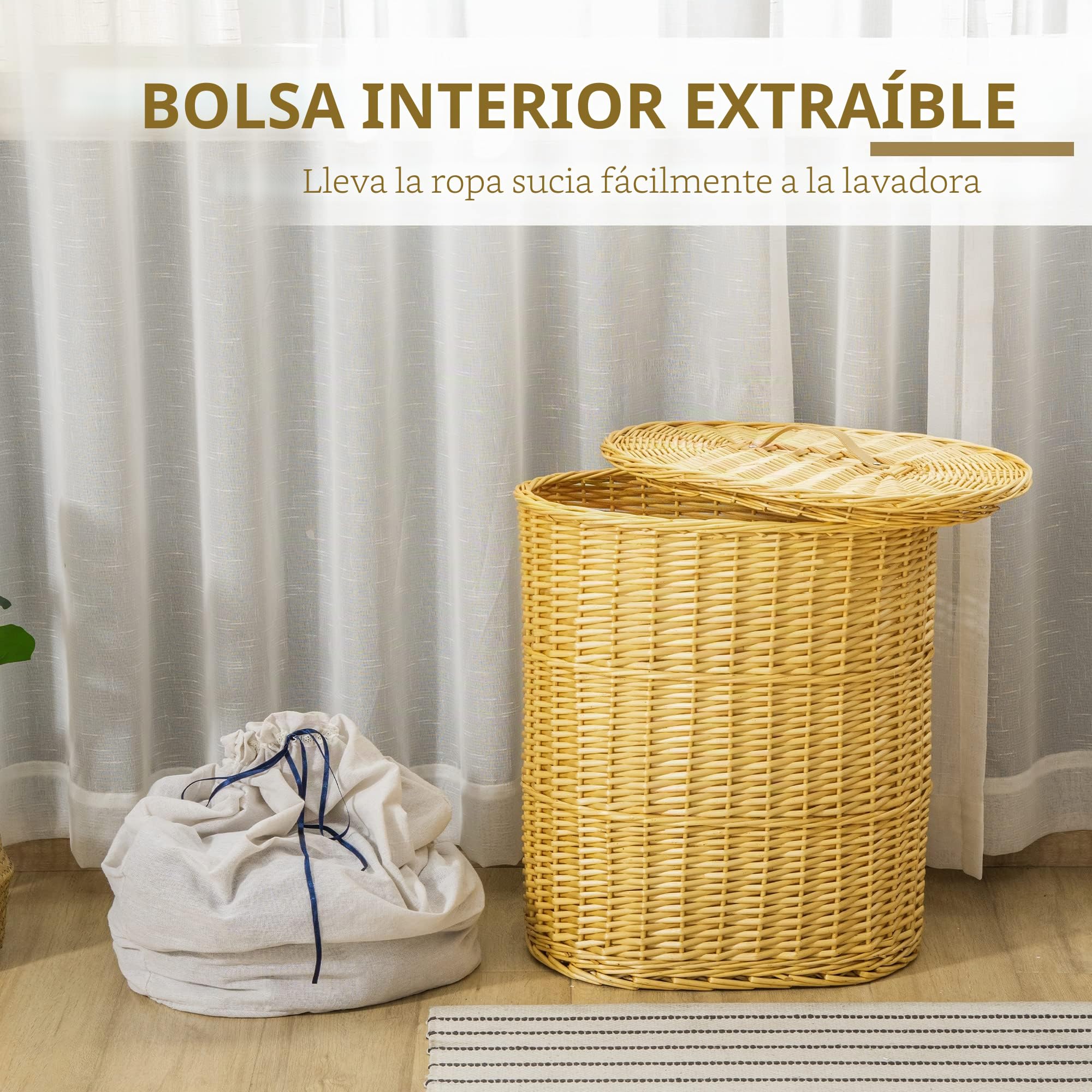 HOMCOM Cesta de Ropa Willow con Tapa, Bolsa de Ropa Extraíble, Natural | Canasta de ropa con asa, para baño, lavandería, dormitorio